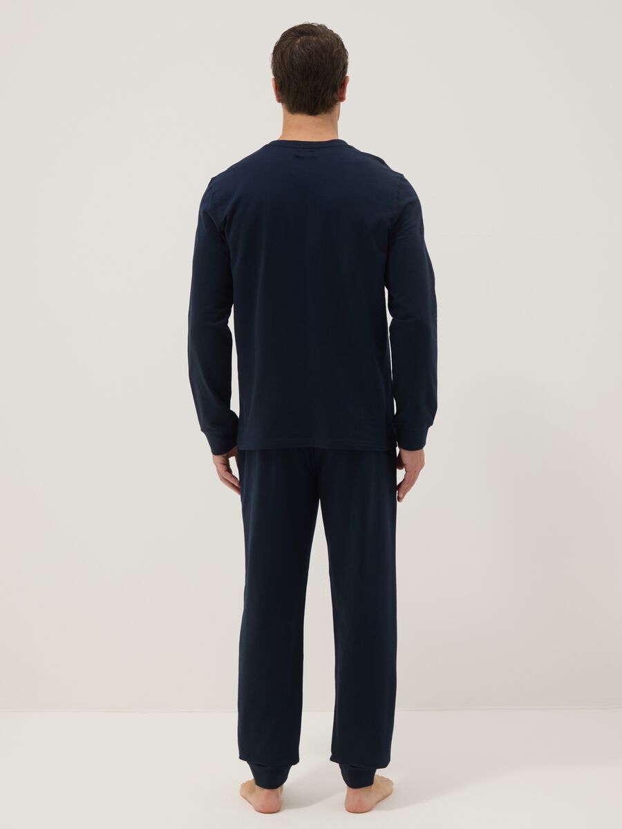 Blue long pyjama in pure cotton, regular fit with Henley collar_2