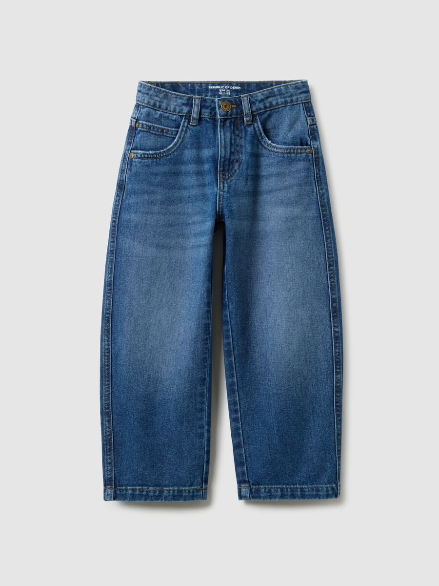 Jeans in puro cotone blu a gamba larga per bambino_0