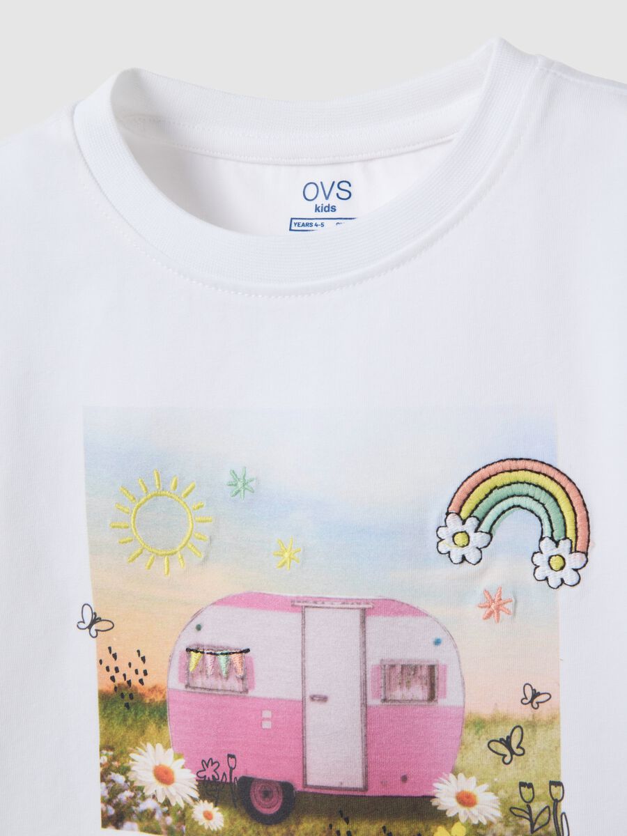 White stretch cotton girl's T-shirt, regular fit with print_2