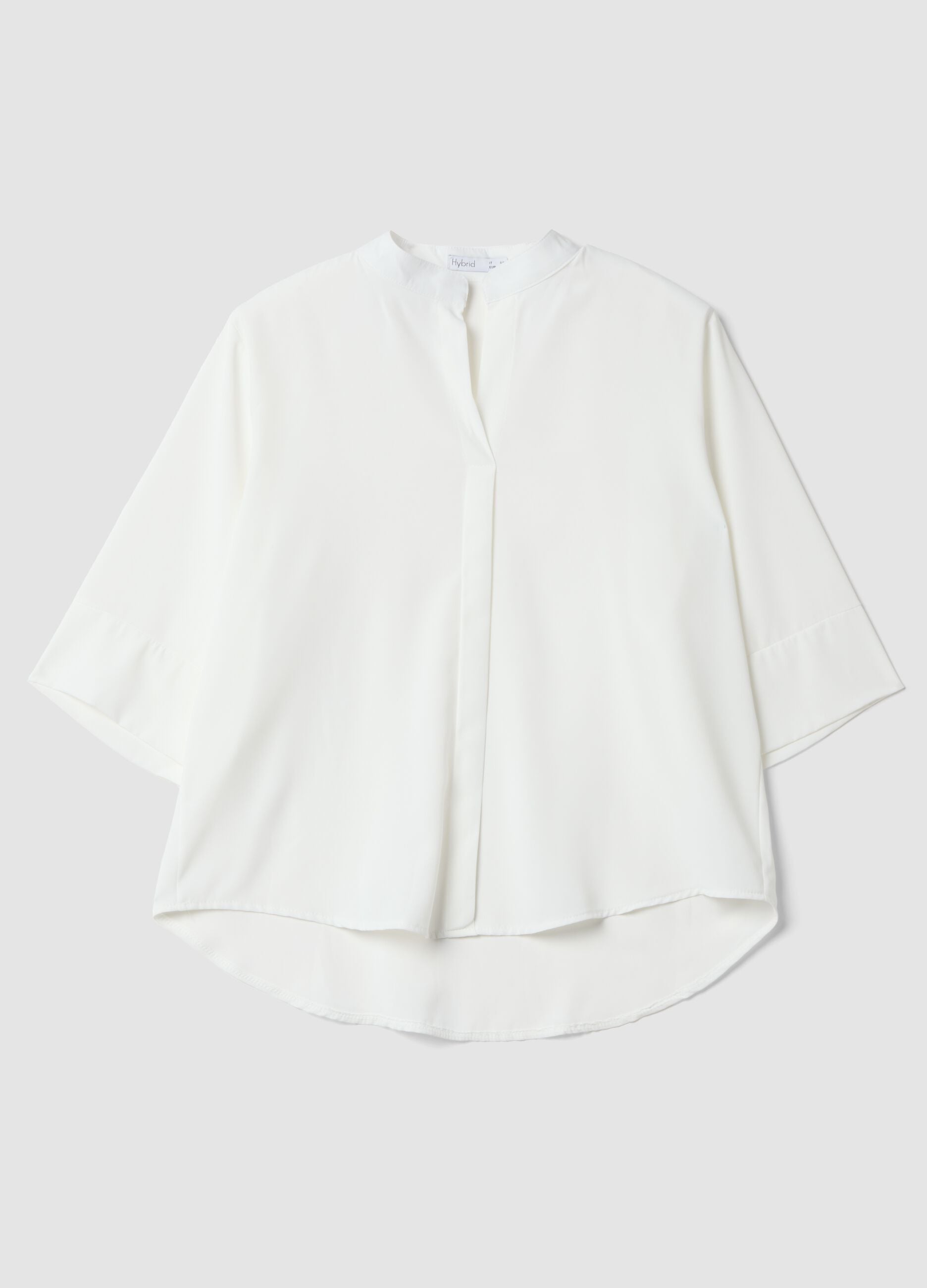 White regular-fit blouse with wide sleeves and mandarin collar