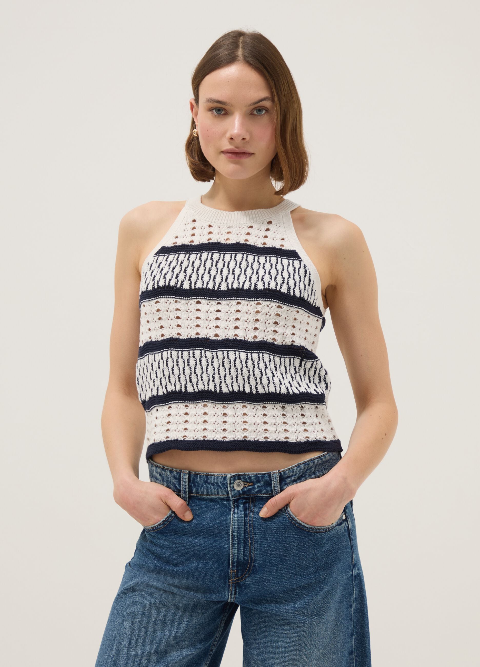 Canotta fitted in puro cotone a righe multicolor con texture a rete
