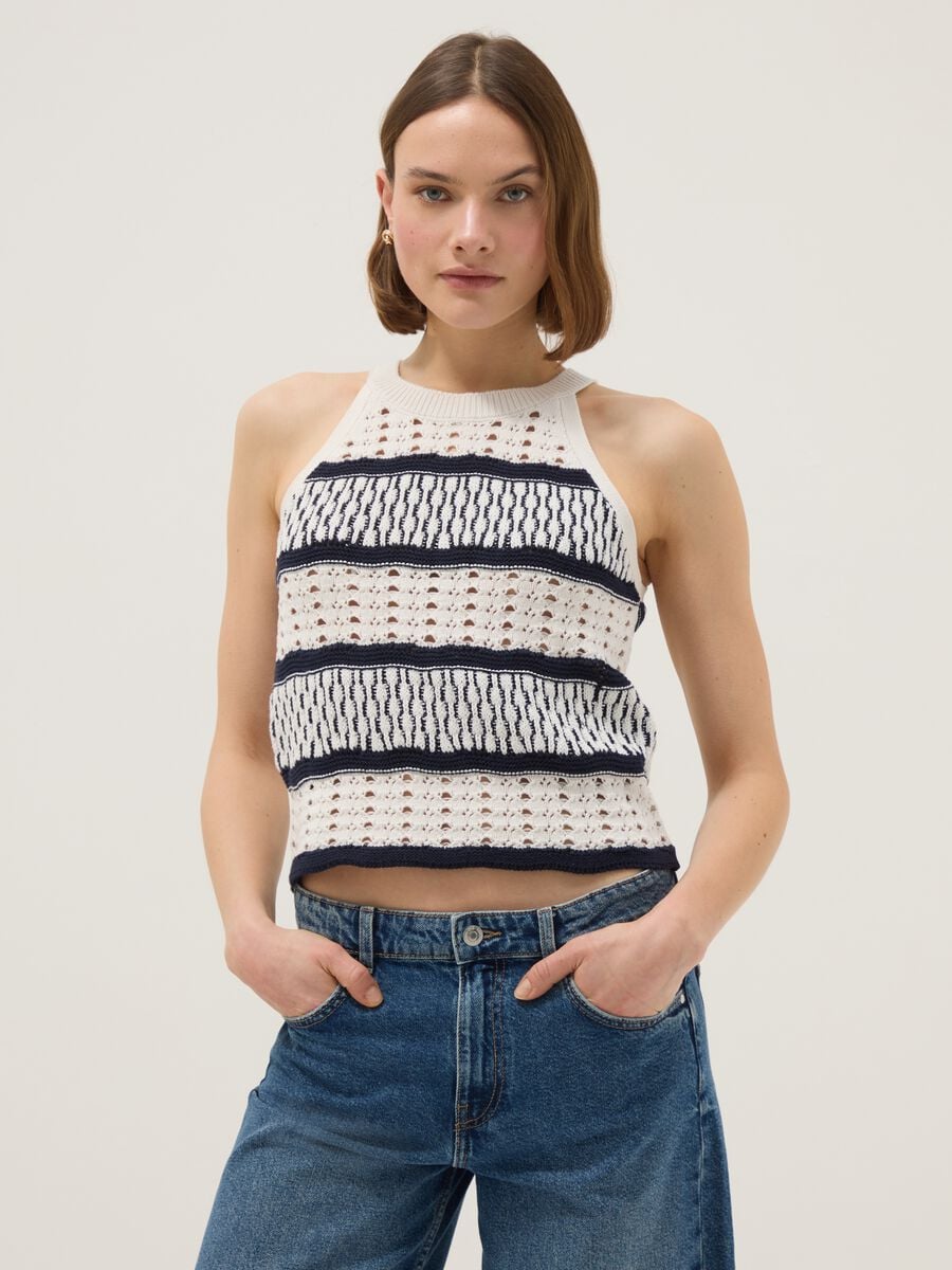 Canotta fitted in puro cotone a righe multicolor con texture a rete_2