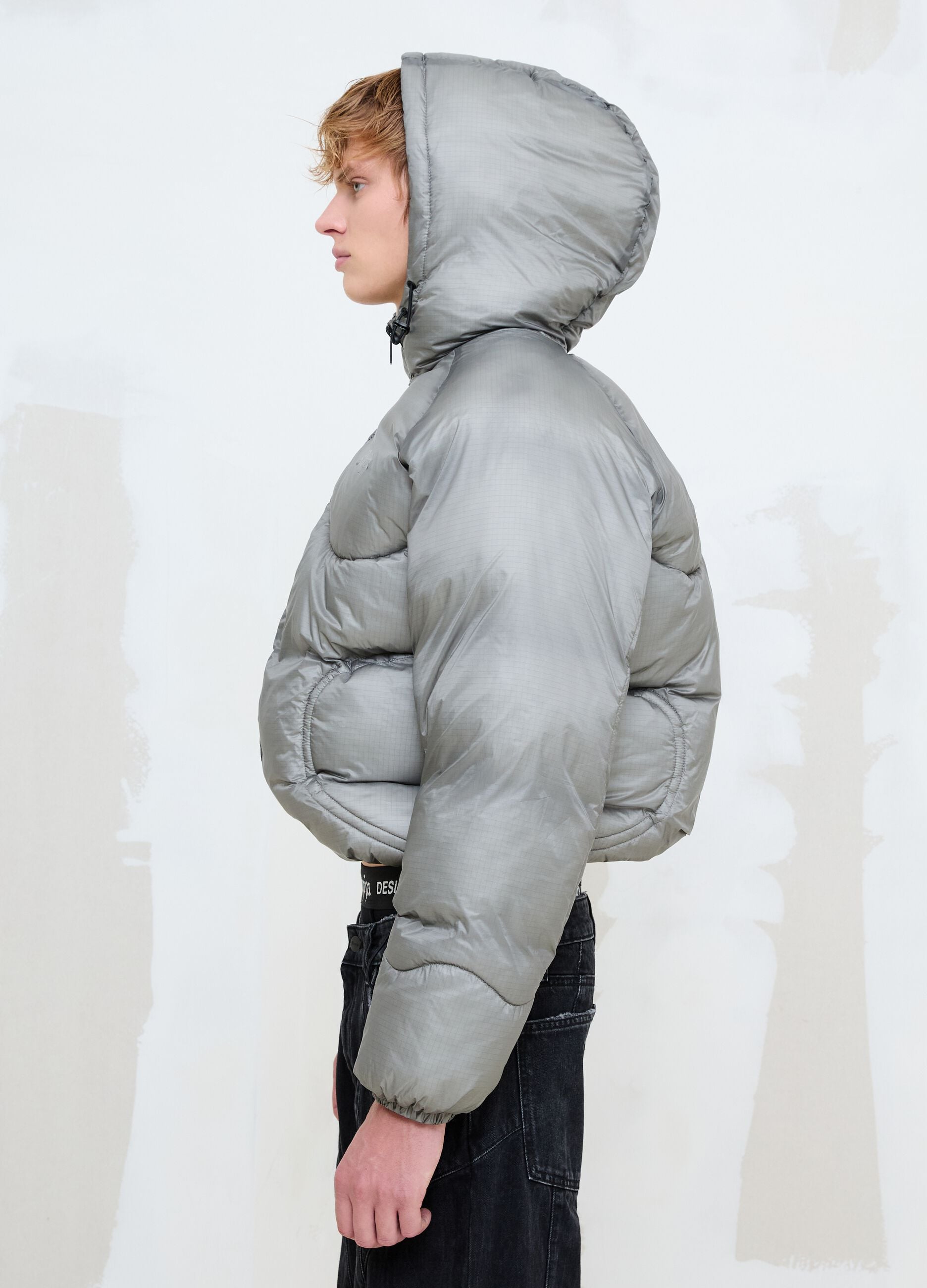 Nylon Ripstop Hooded Puffer Jacket in Grey