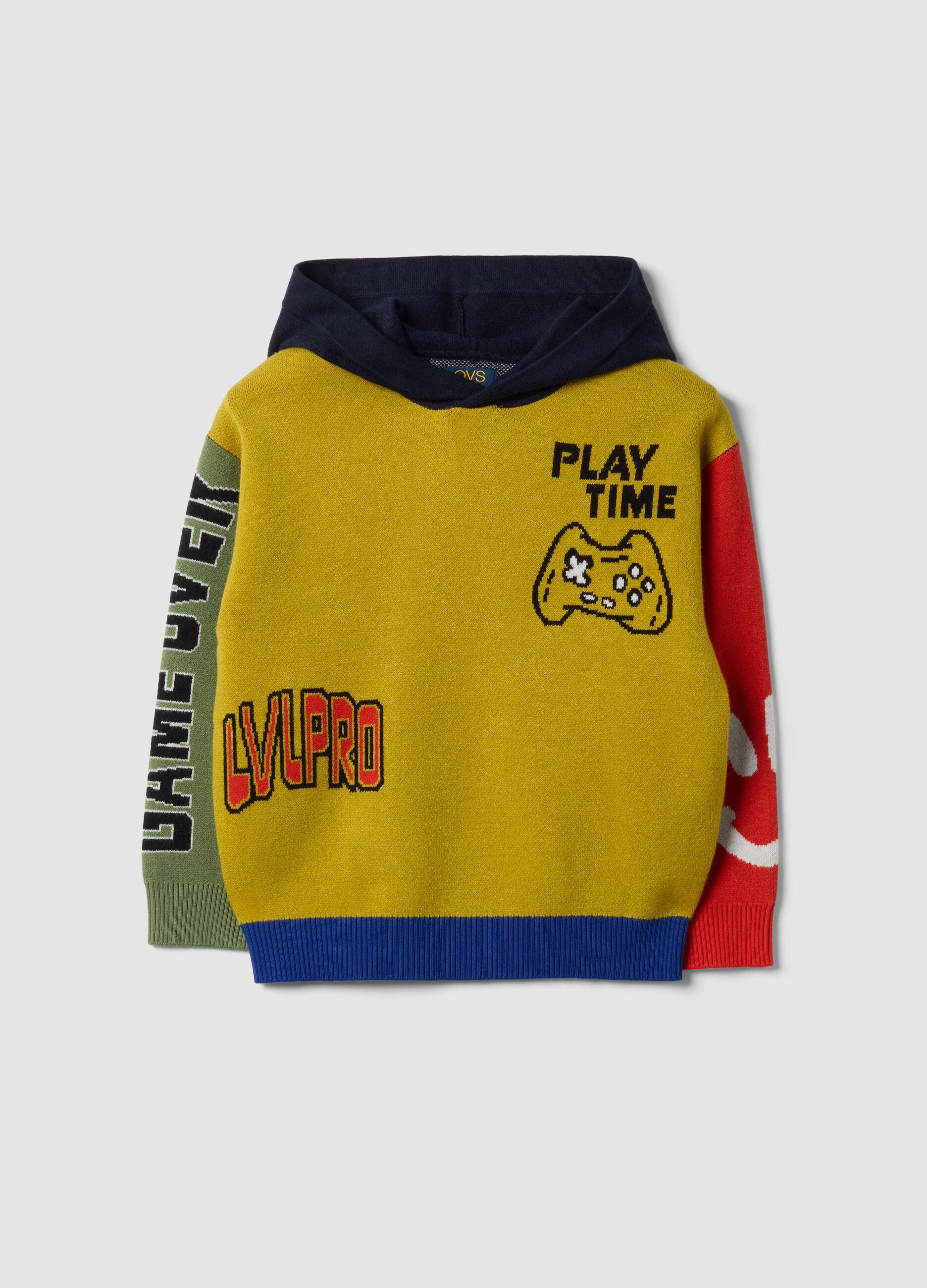 Mustard yellow, navy, red and sage green viscose-blend hooded crew-neck jumper
