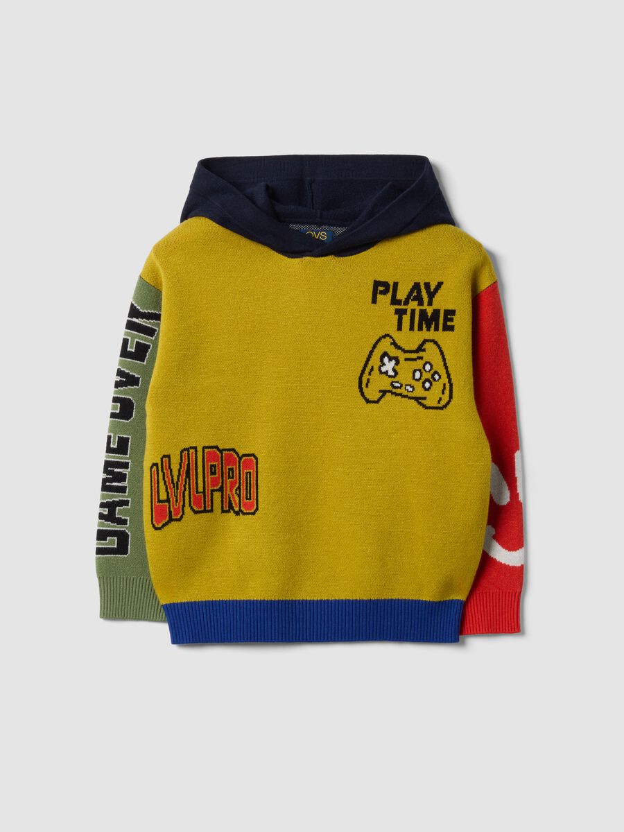 Maglia con cappuccio giallo senape, blu navy, rosso e verde salvia in misto viscosa girocollo_0
