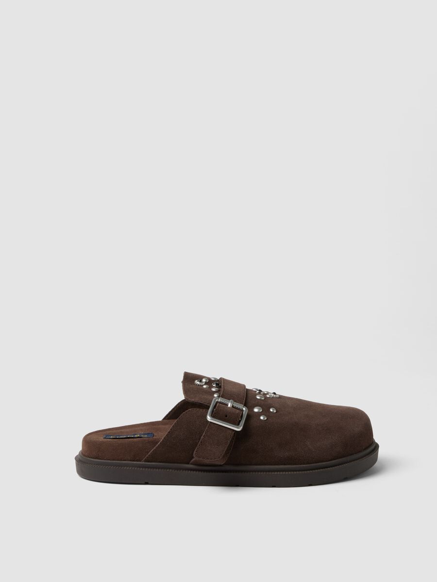 Brown genuine leather clogs with buckle and studs_0