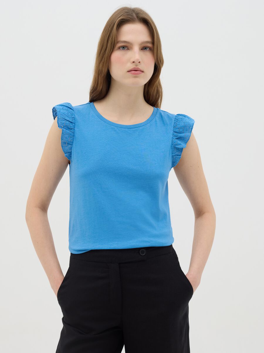Azure cotton top with lace shoulder straps_0
