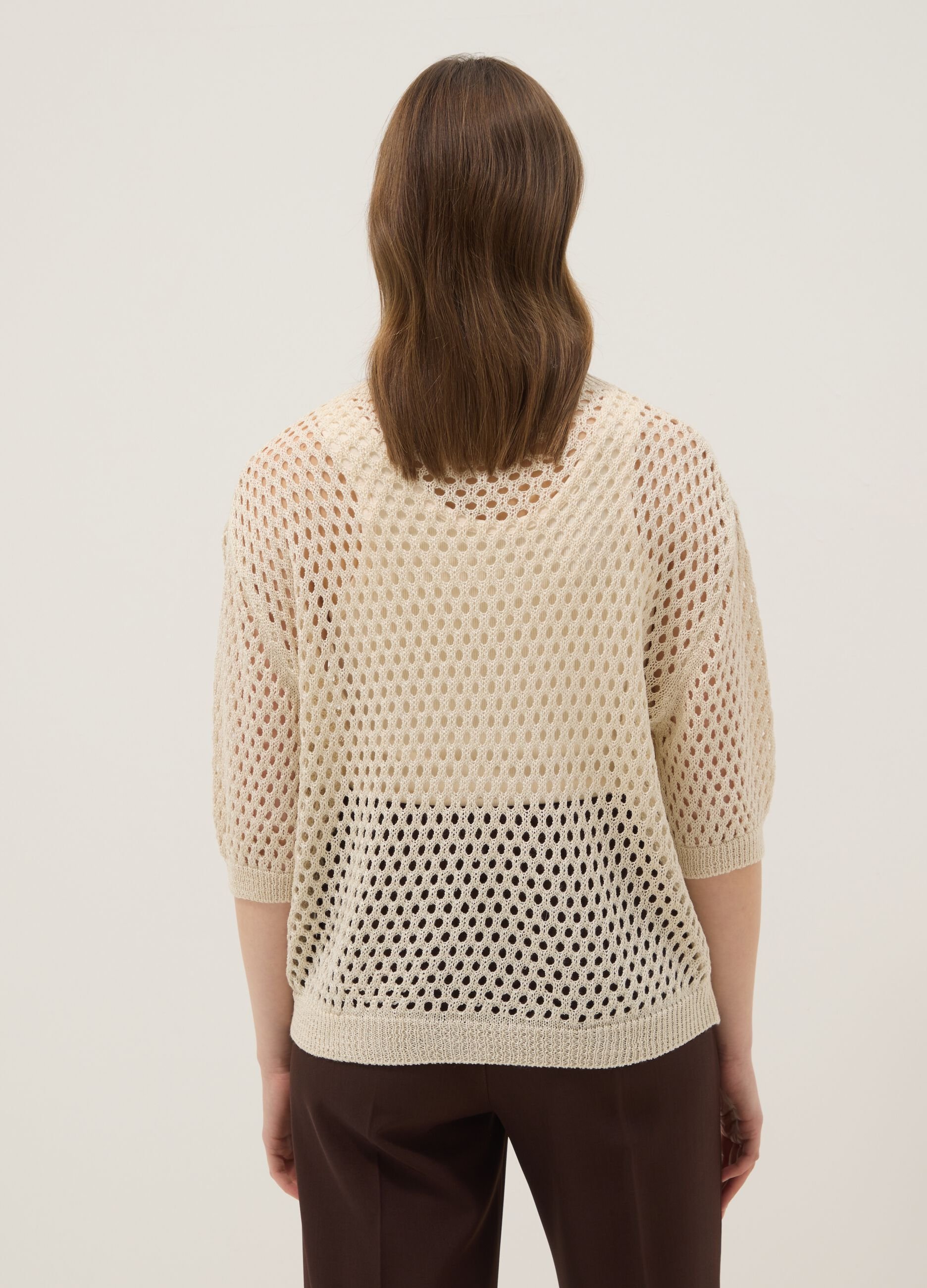 Beige open-knit three-quarter sleeve jumper