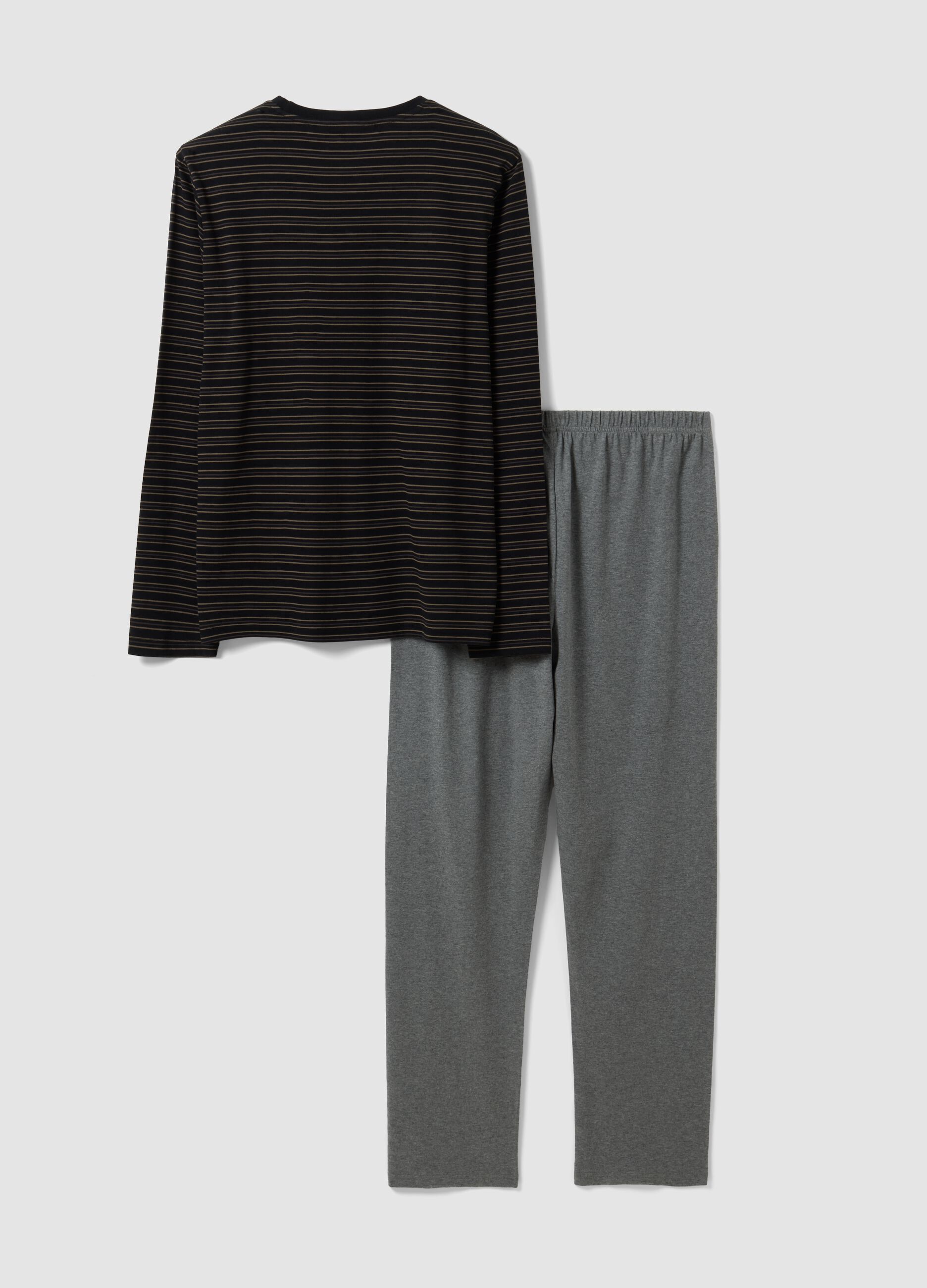 Black and grey striped crew-neck pyjamas in pure organic cotton