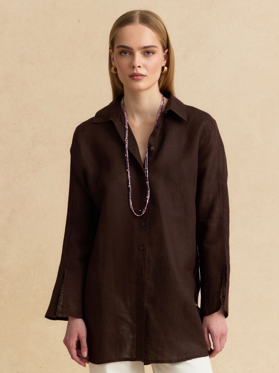 Camicia marrone in puro lino oversize fit_0