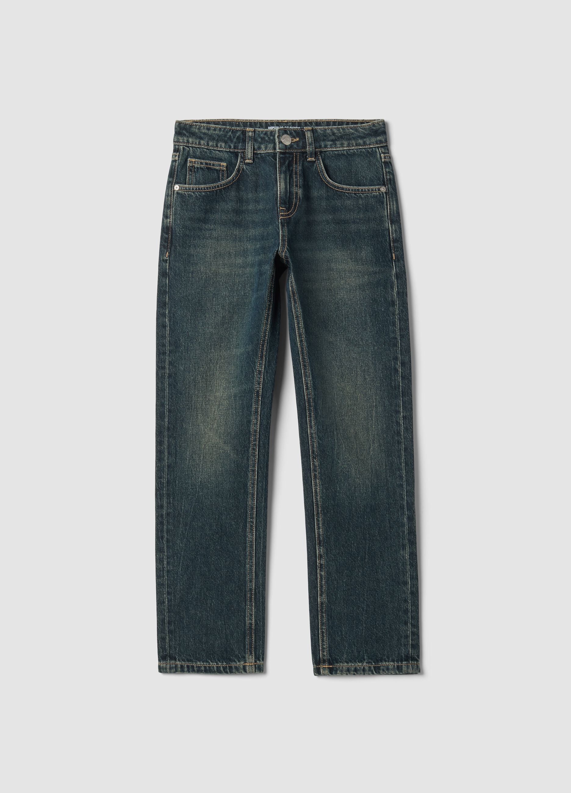 Dark blue straight-fit jeans in pure cotton