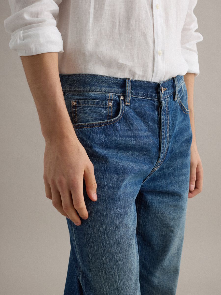 Jeans in misto cotone denim e lino blu regular fit_4