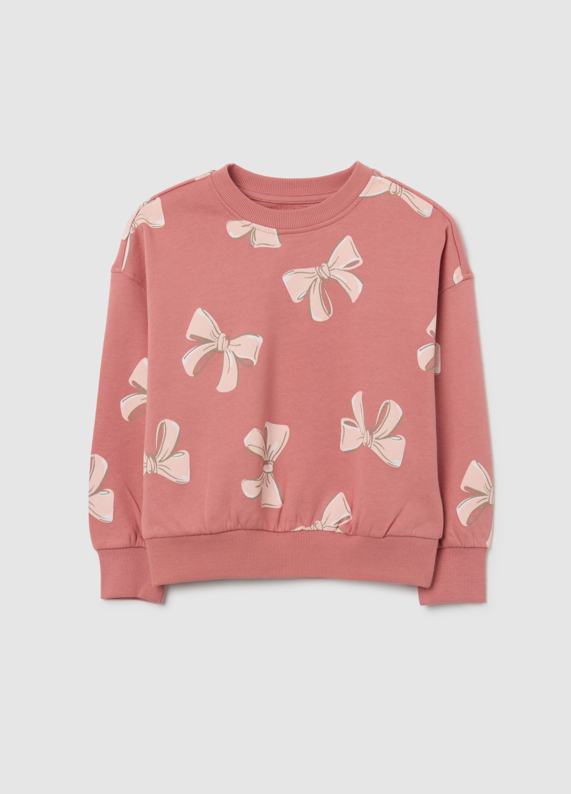 Girls' pink pure cotton sweatshirt, regular fit with crew neck