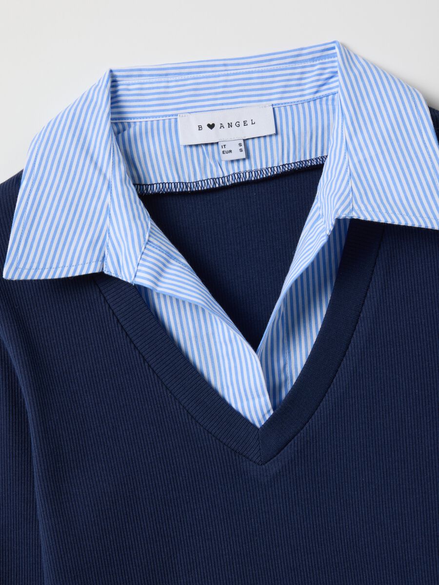 Blue stretch cotton regular fit T-shirt with contrast collar_5