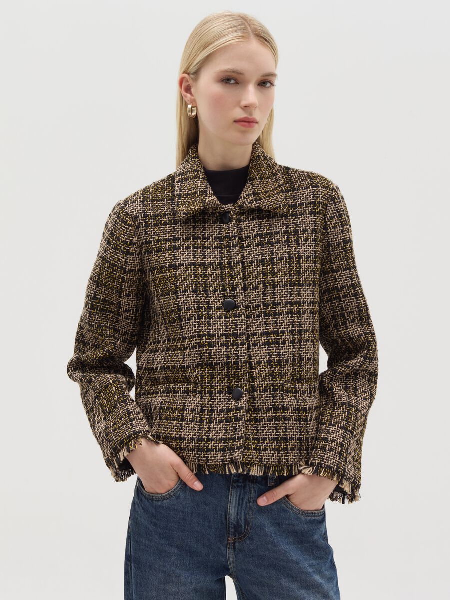 Short jacket in check tweed with fringing_0