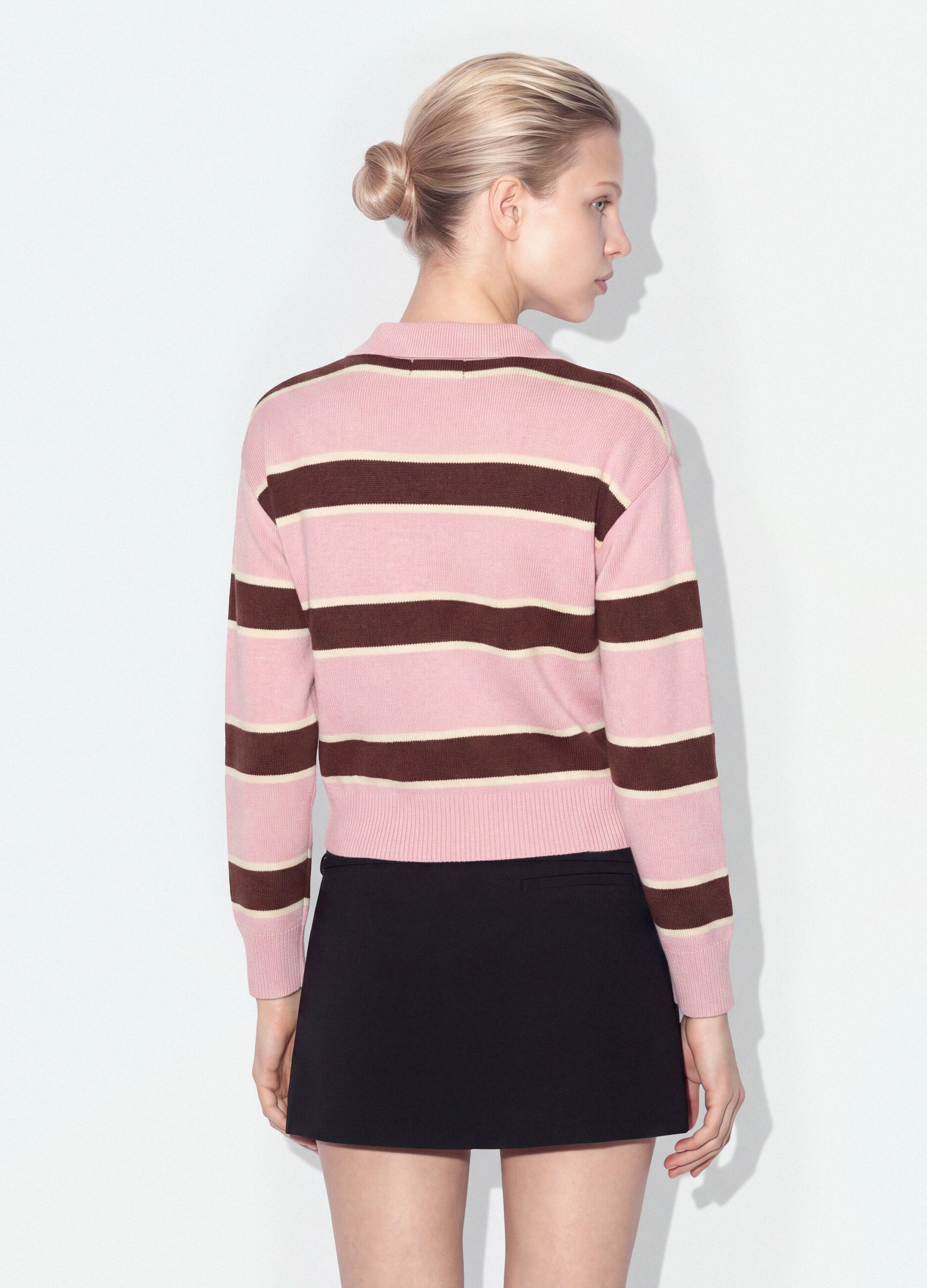 Pink striped viscose-blend polo-collar jumper, regular fit