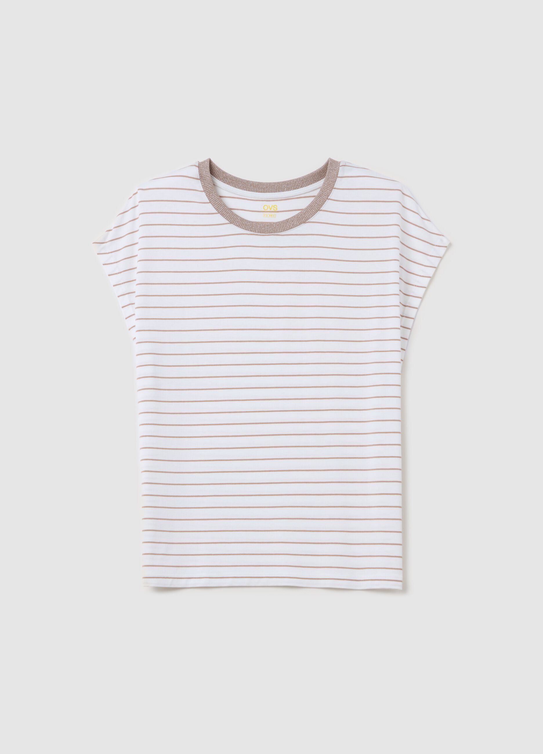 White and beige striped T-shirt with short sleeves