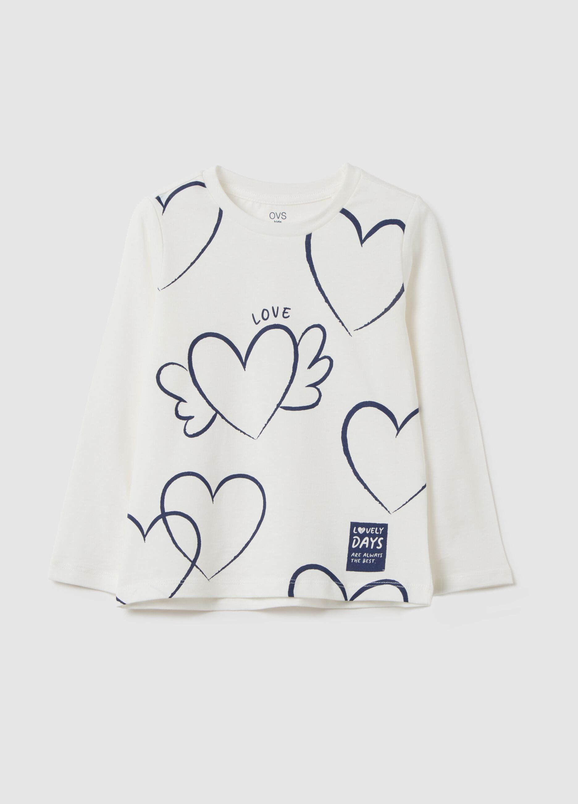 Girls' pure white cotton regular fit top with hearts