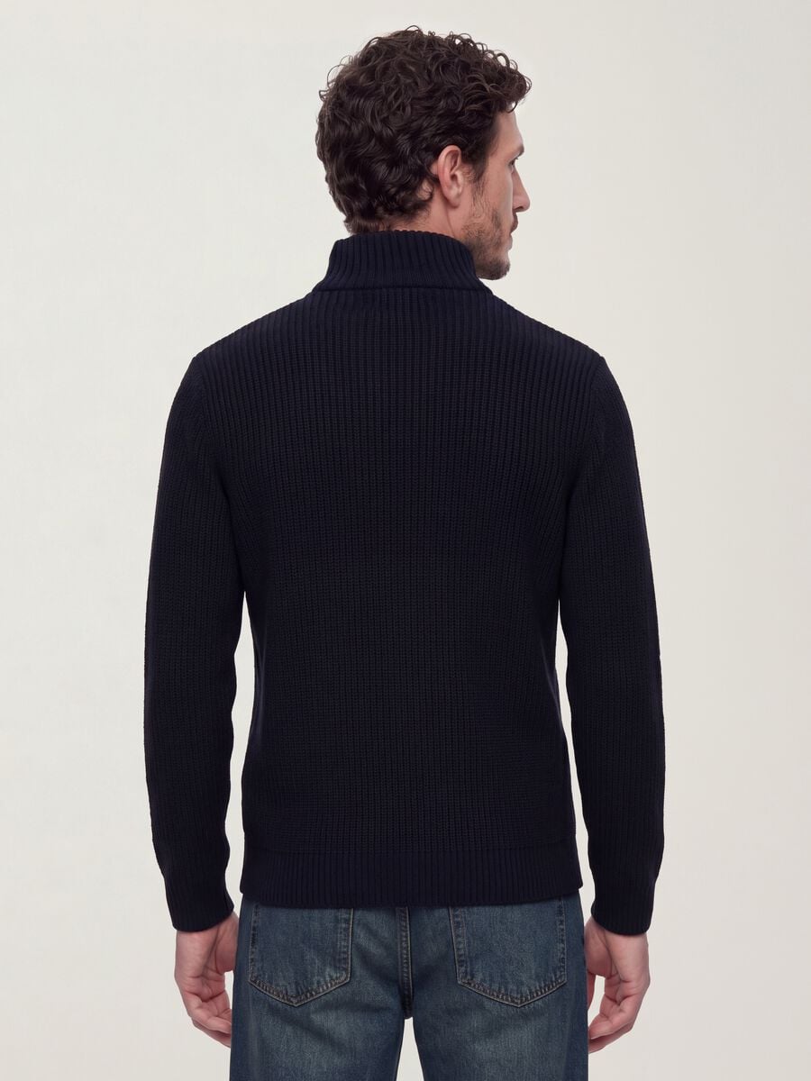 Navy rib-knit zip cardigan with collar, regular fit_3