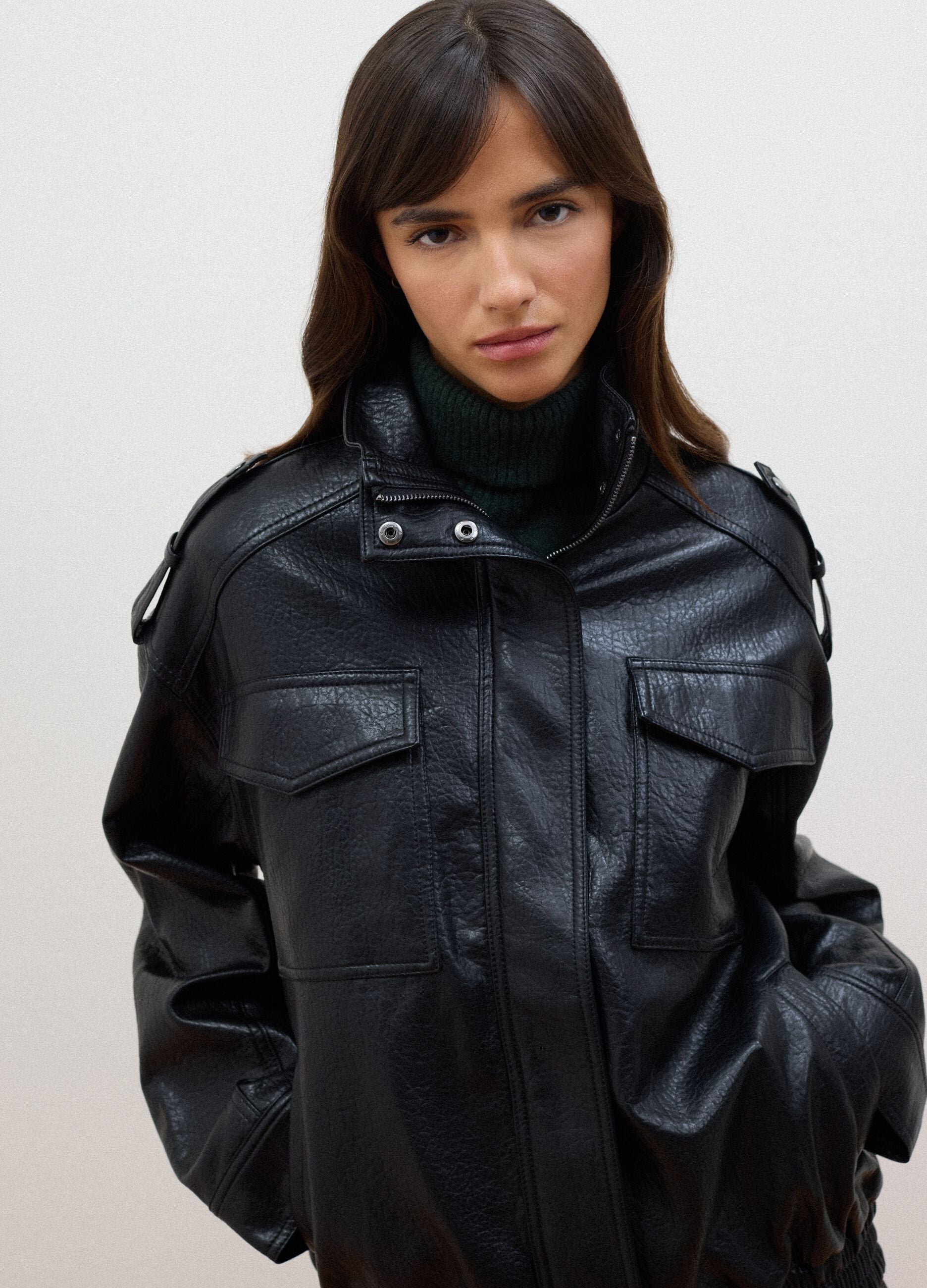 Black viscose-blend jacket with zip