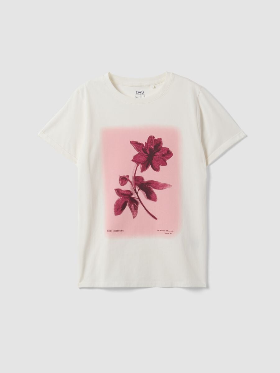 White pure cotton crew-neck T-shirt with floral print, regular fit_4