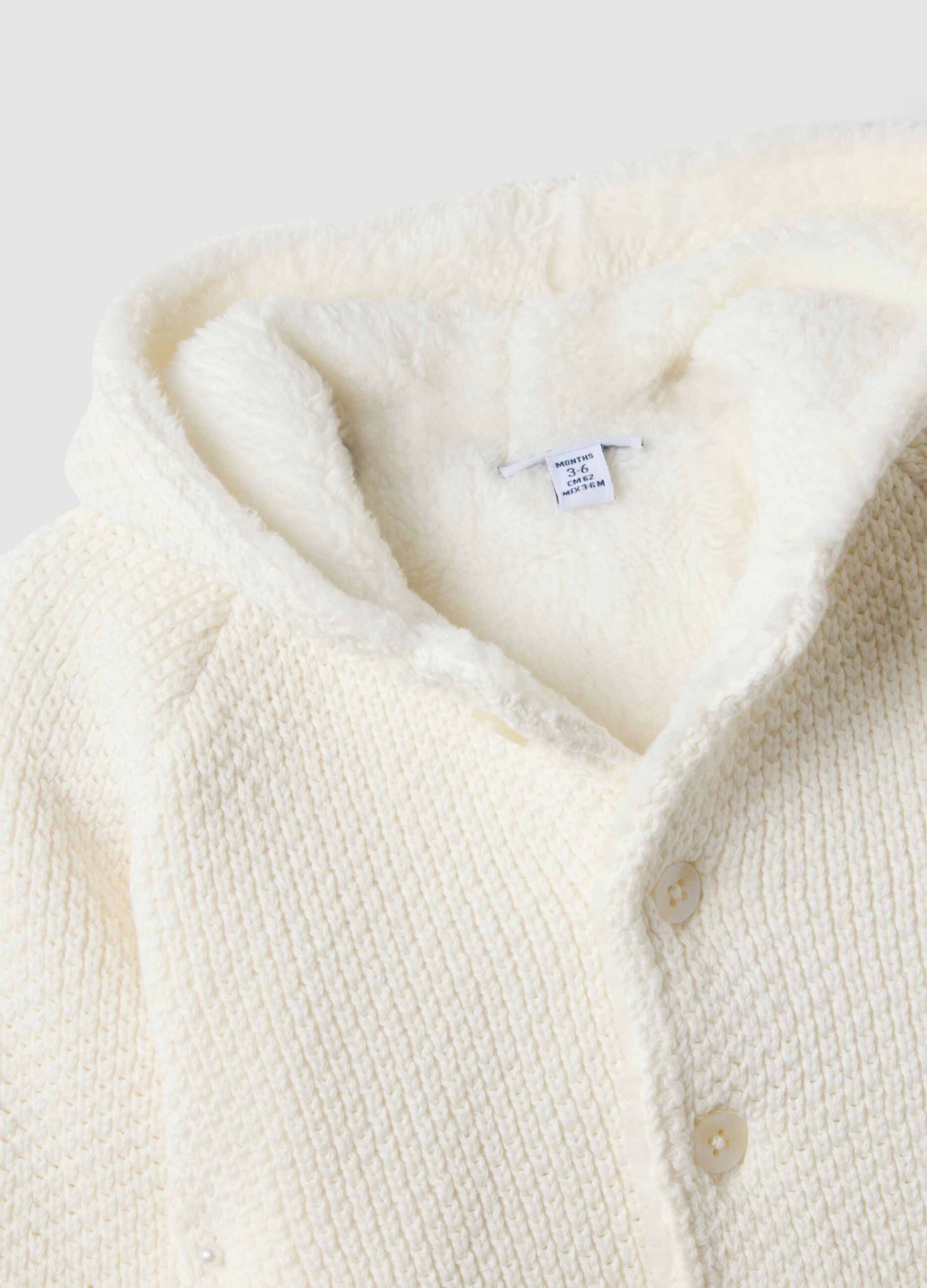 Giacca bianca in puro cotone organico con cappuccio effetto peluche