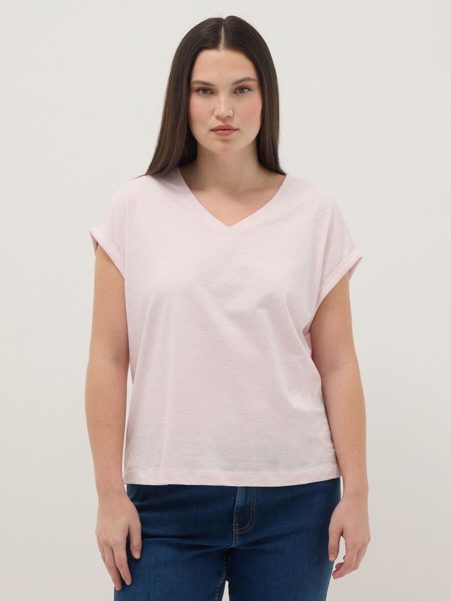 Pink short sleeve pure cotton V-neck regular fit t-shirt_0
