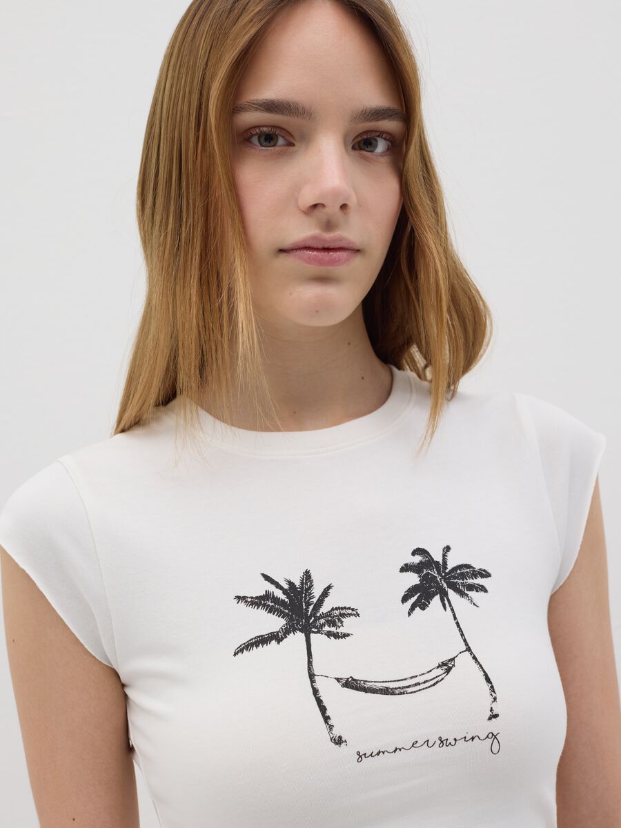 White fitted T-shirt with palm trees B.Angel_3