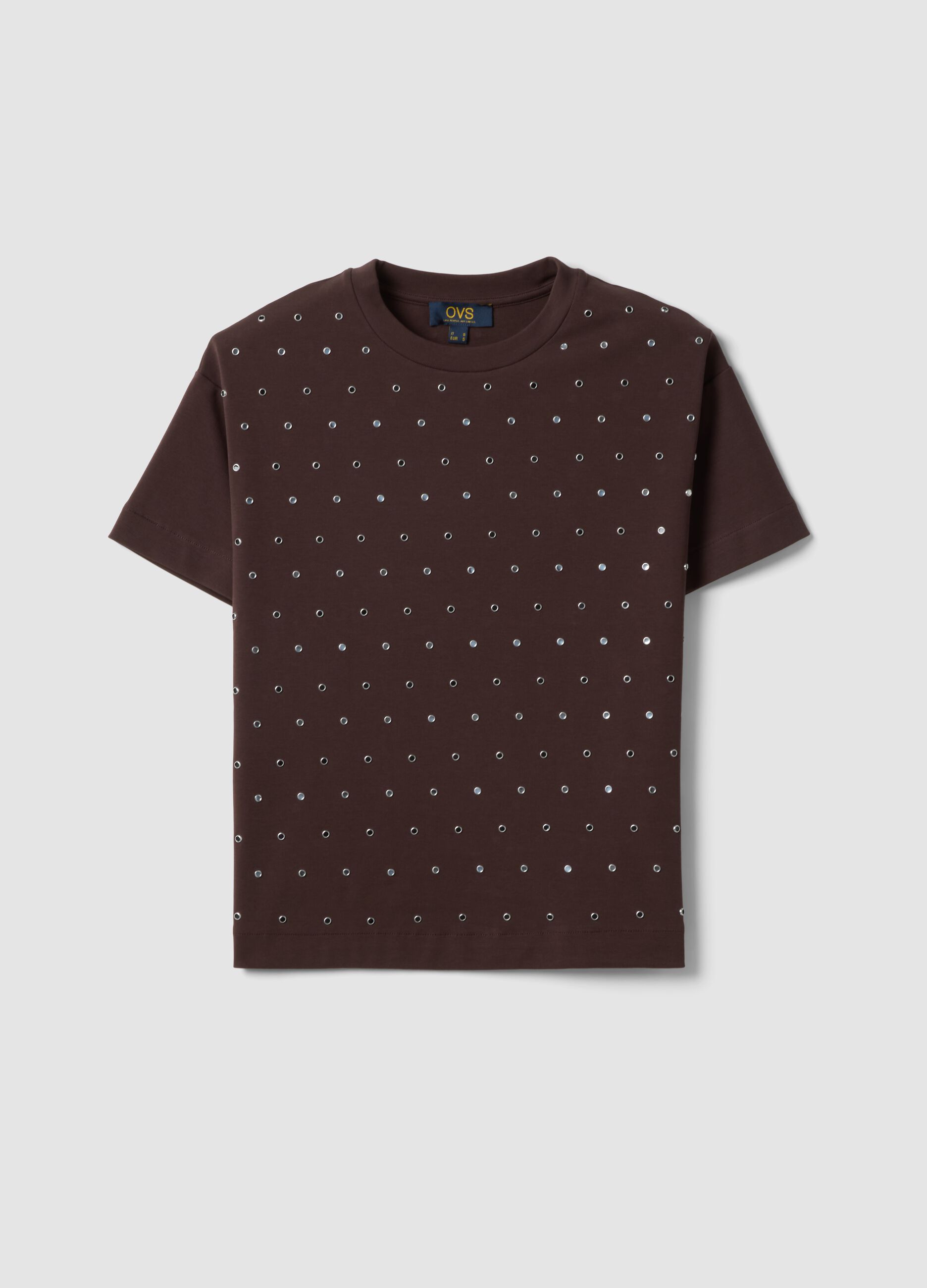 Brown stretch cotton T-shirt with studs, regular fit