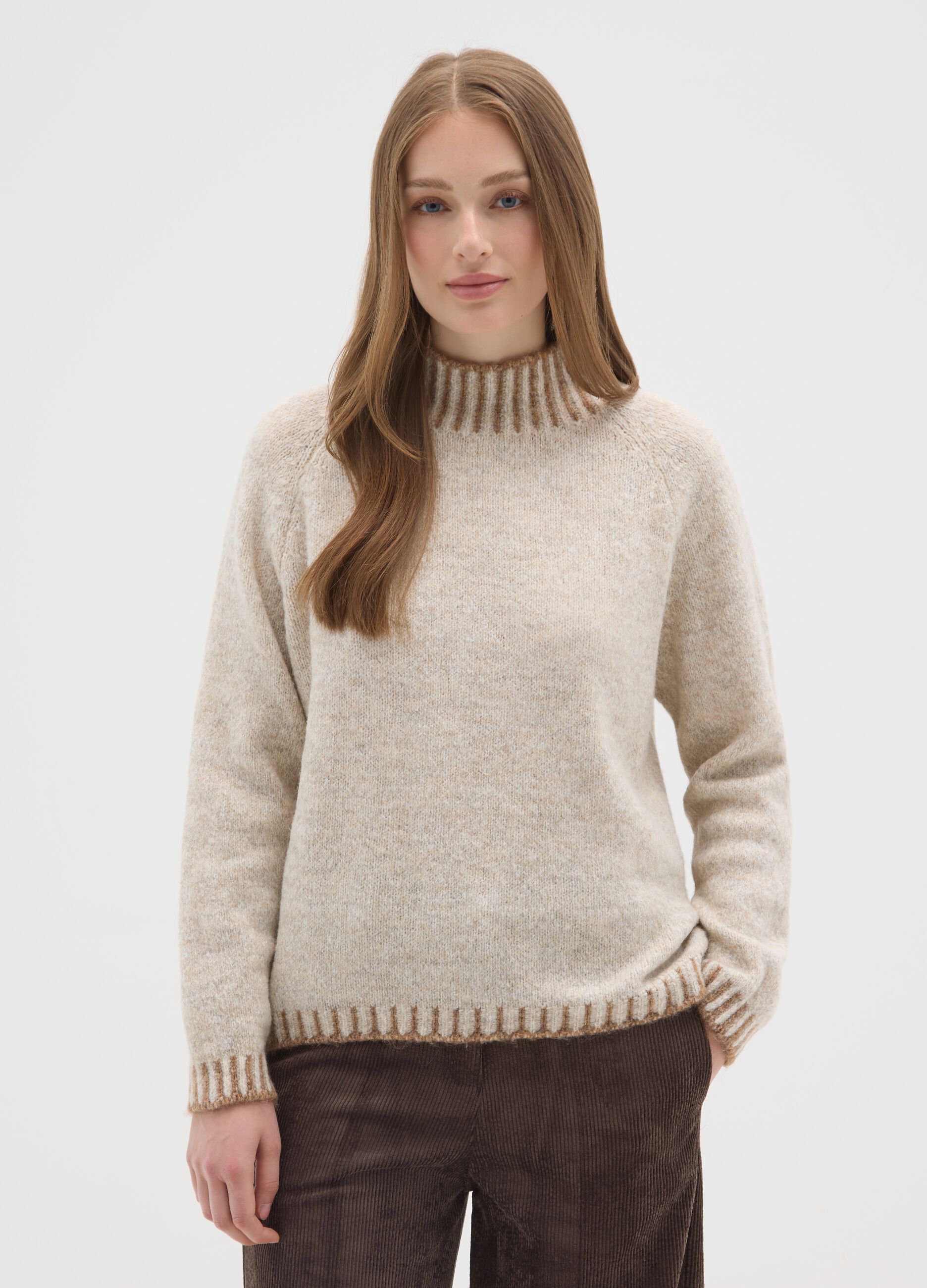 Beige regular fit sweater with ribbed collar and cut-out details