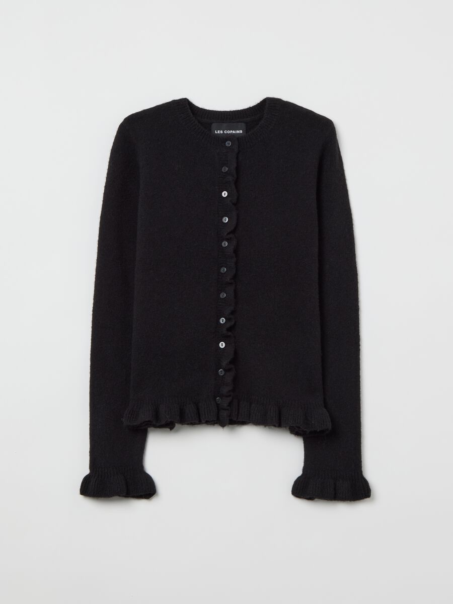 Cardigan nero con volant in misto materiali_0