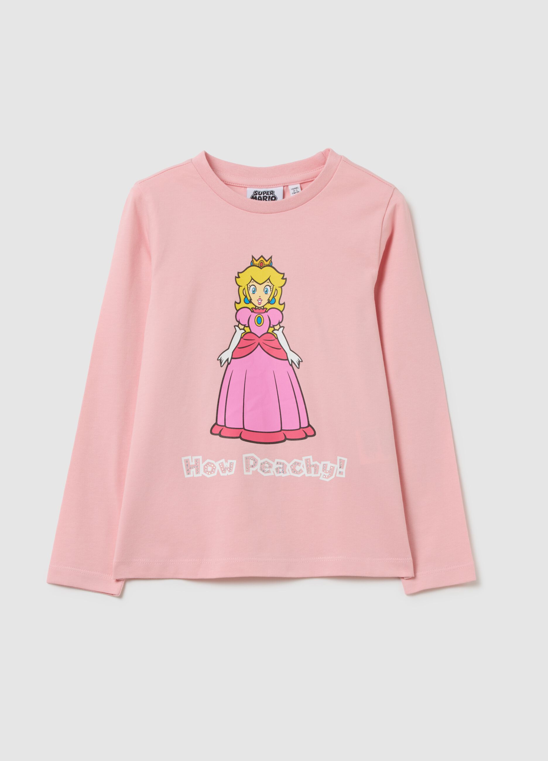 Girls' pink stretch cotton T-shirt with Super Mario print