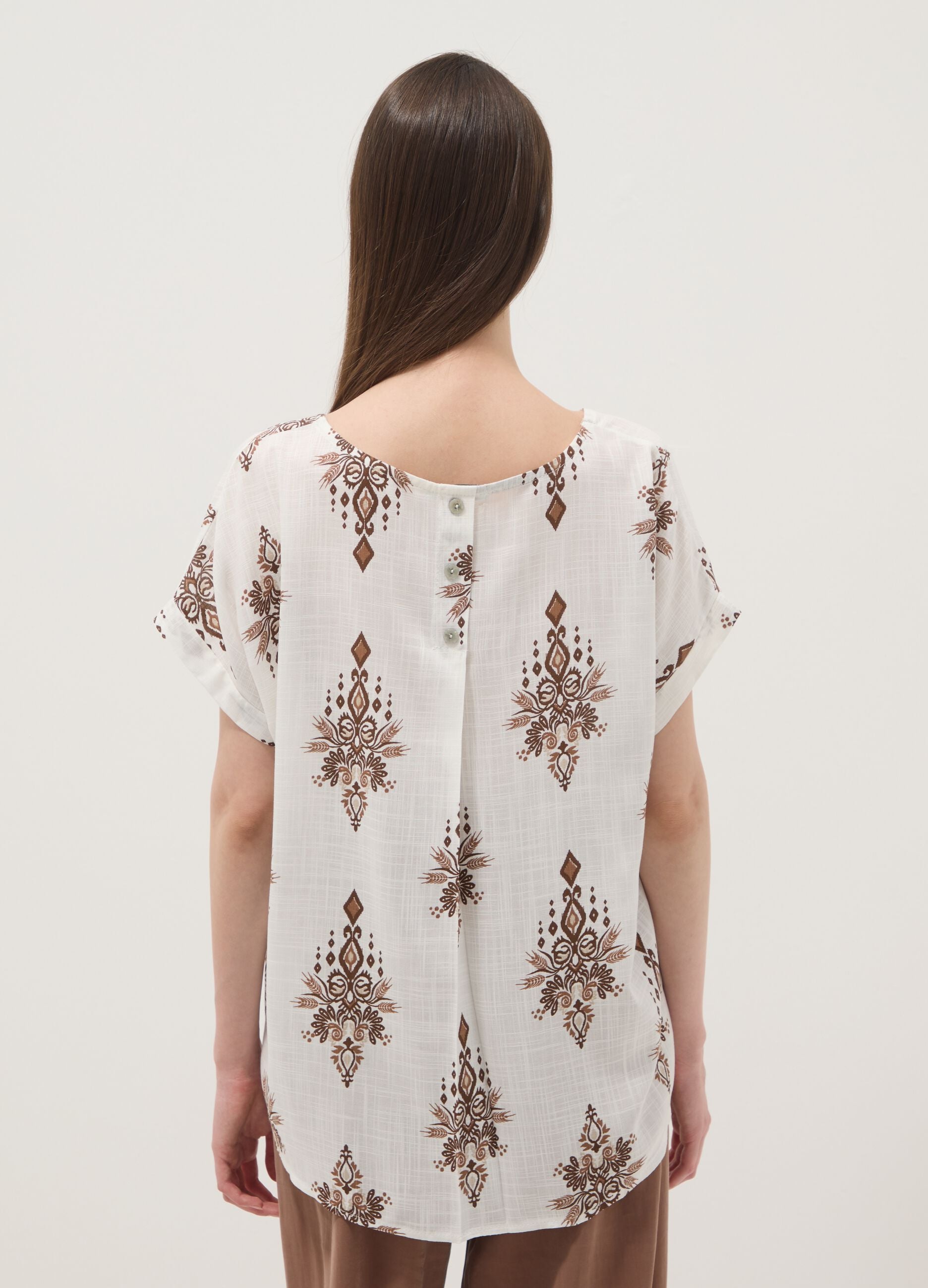 White pure viscose blouse with brown print, regular fit
