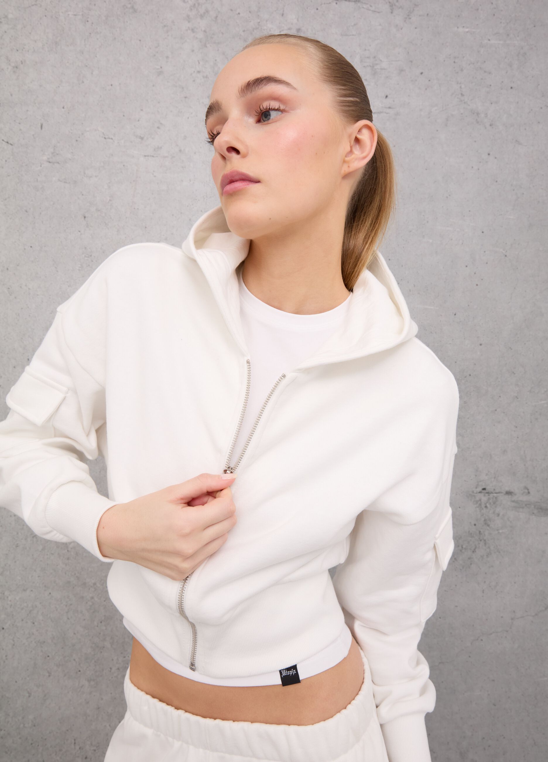 Crop Cargo Zip Hoodie White