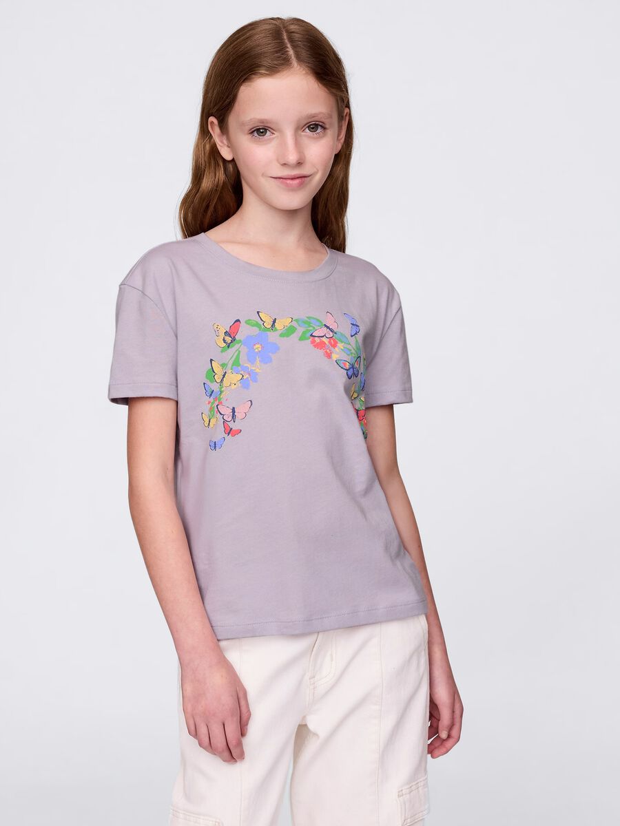 Purple cotton T-shirt with flowers and butterflies print_0
