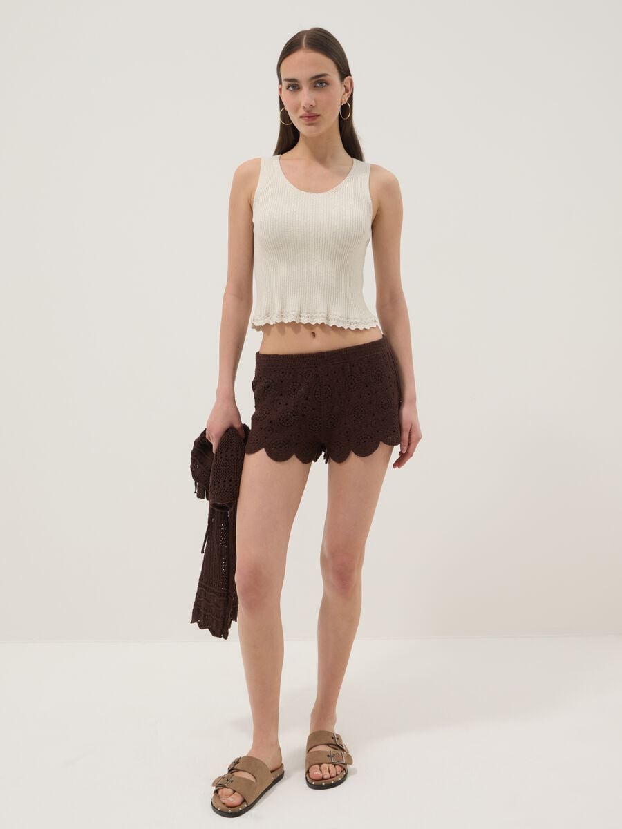 Brown crochet regular-fit cotton-blend shorts_0