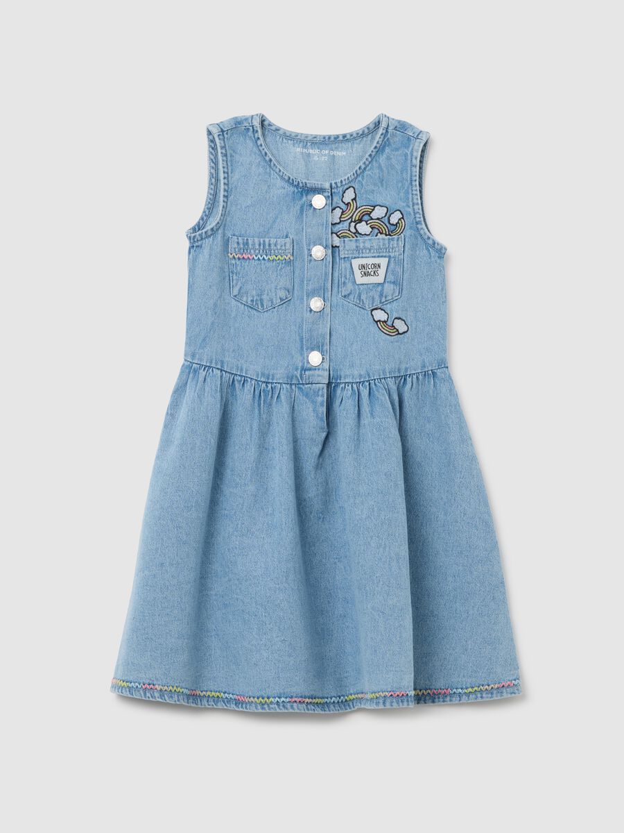 Sleeveless chambray dress with rainbow details_0