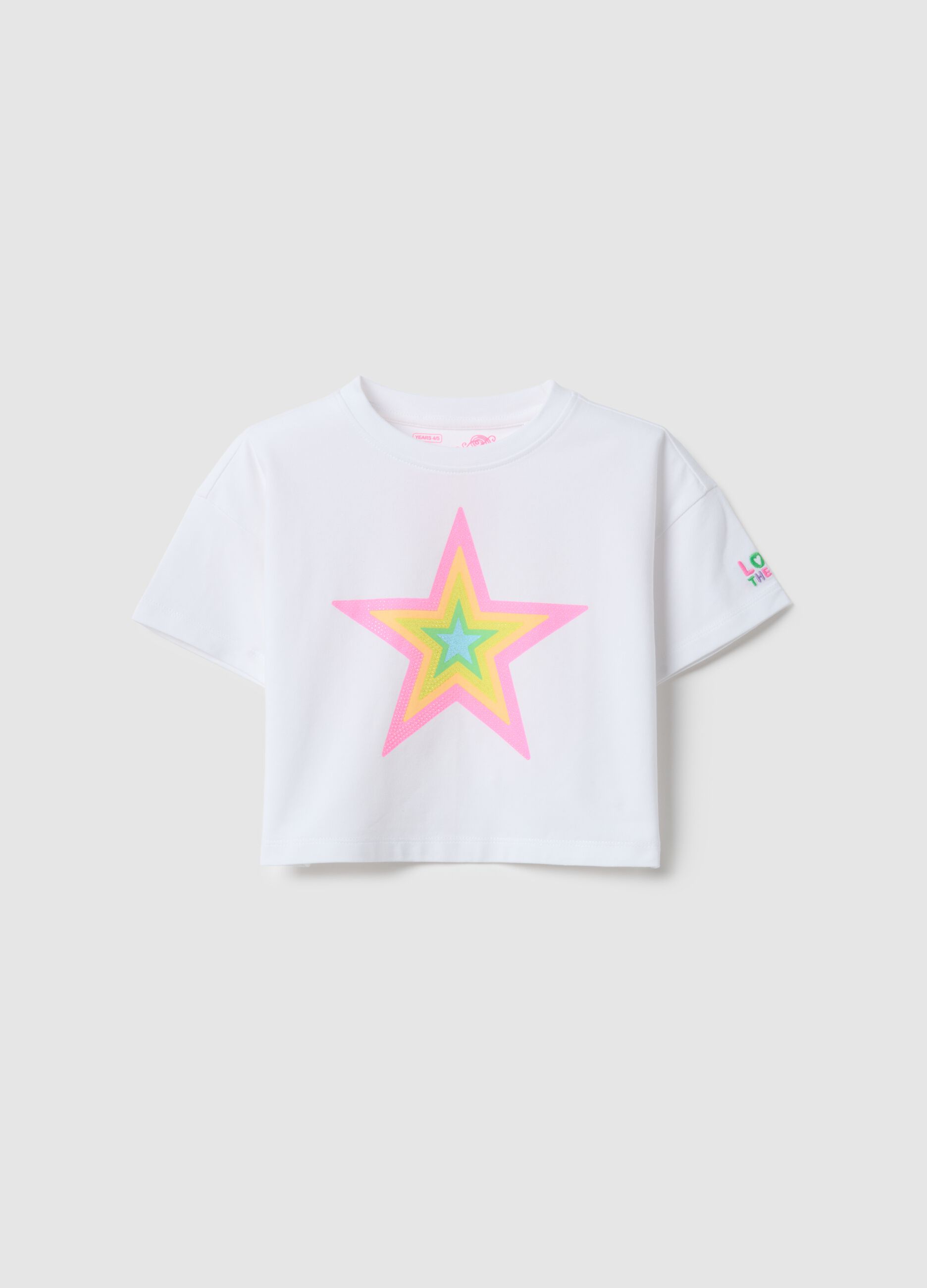 Girls' white stretch cotton boxy fit t-shirt with star