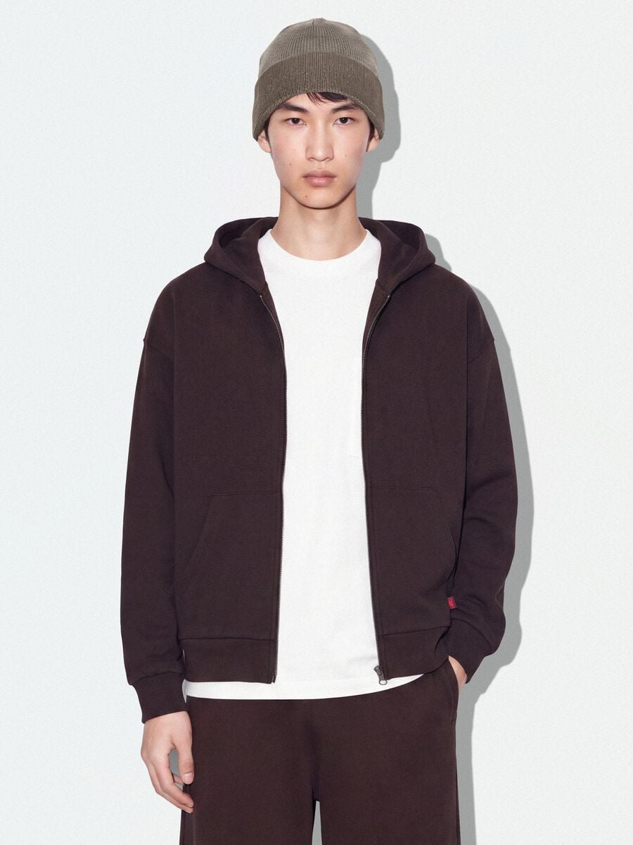 Felpa crop marrone in puro cotone con cappuccio over fit_1