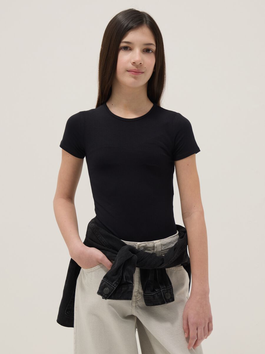 Girls' fitted black stretch cotton bodysuit_0