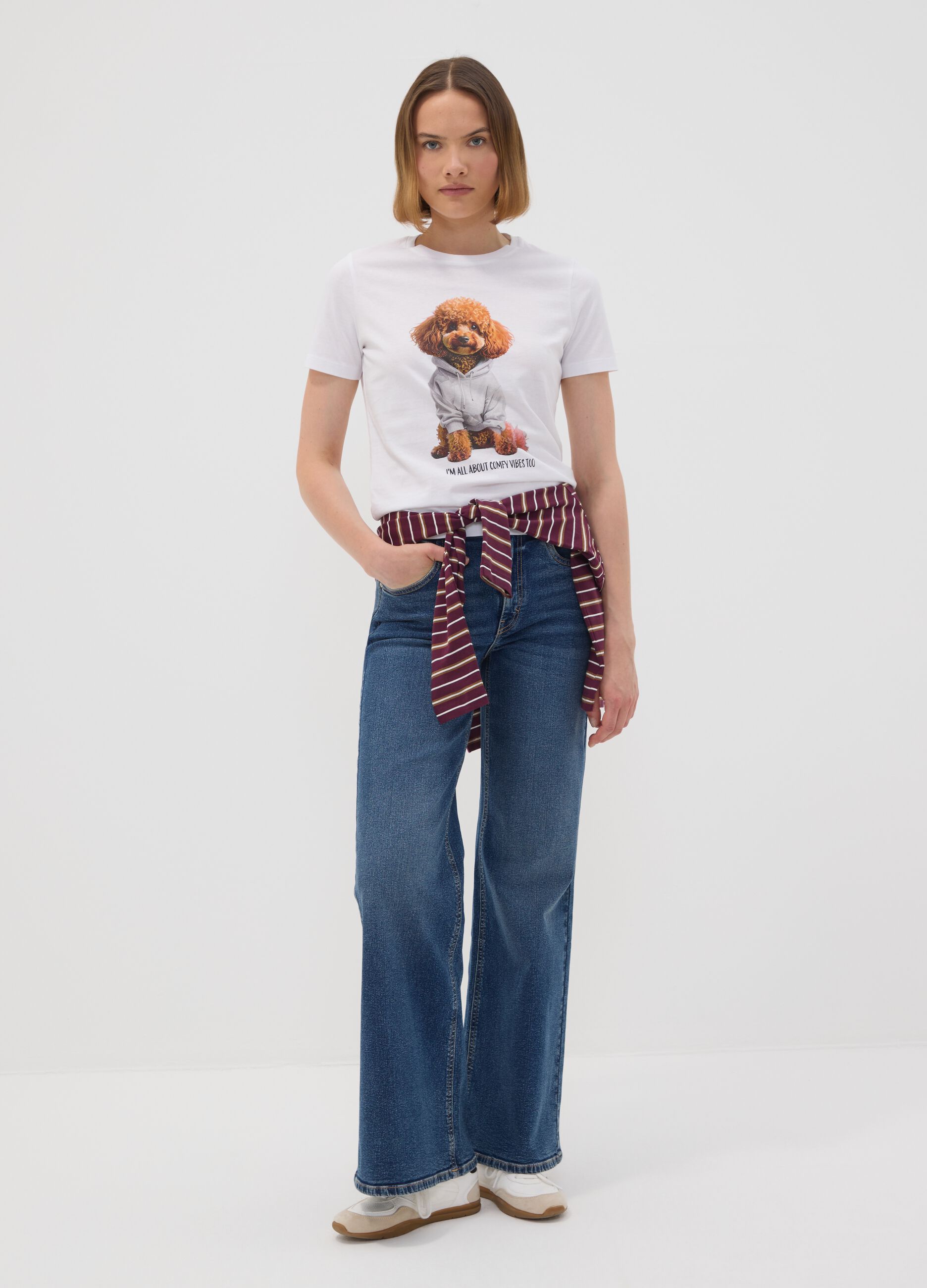 White pure cotton jersey T-shirt with dog print, regular fit
