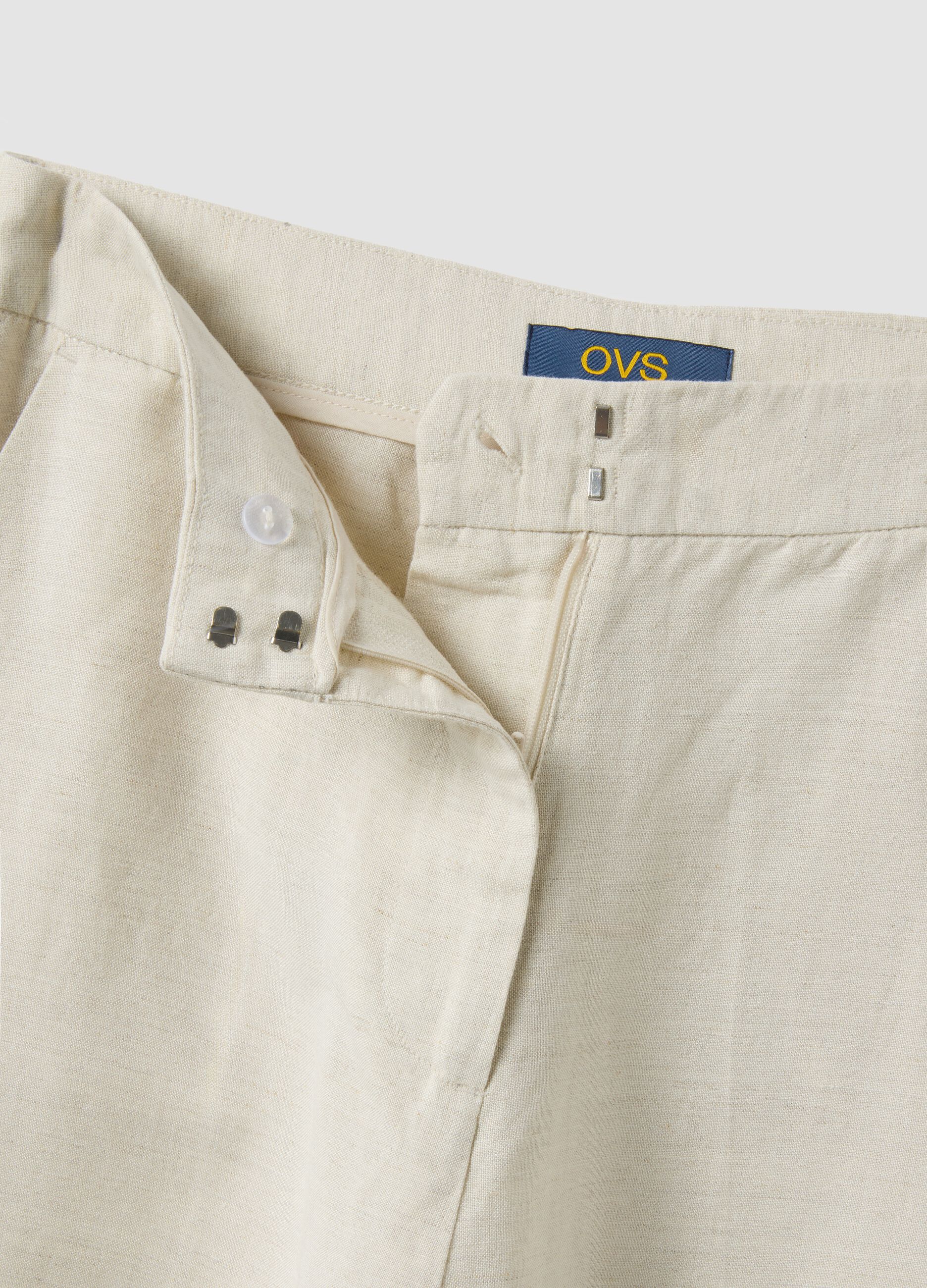 Beige linen and viscose blend straight fit trousers