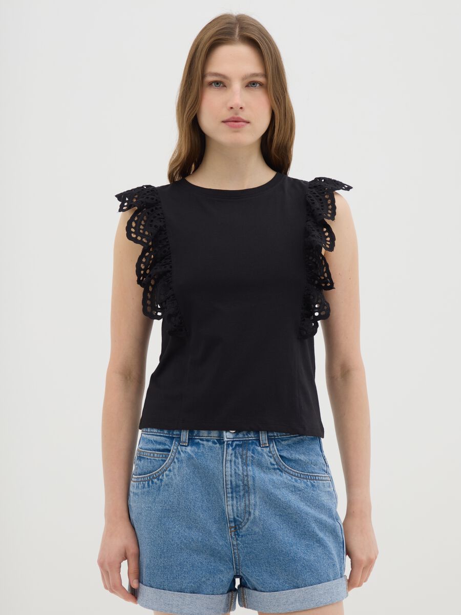 Women's black pure cotton top with lace, regular fit_0