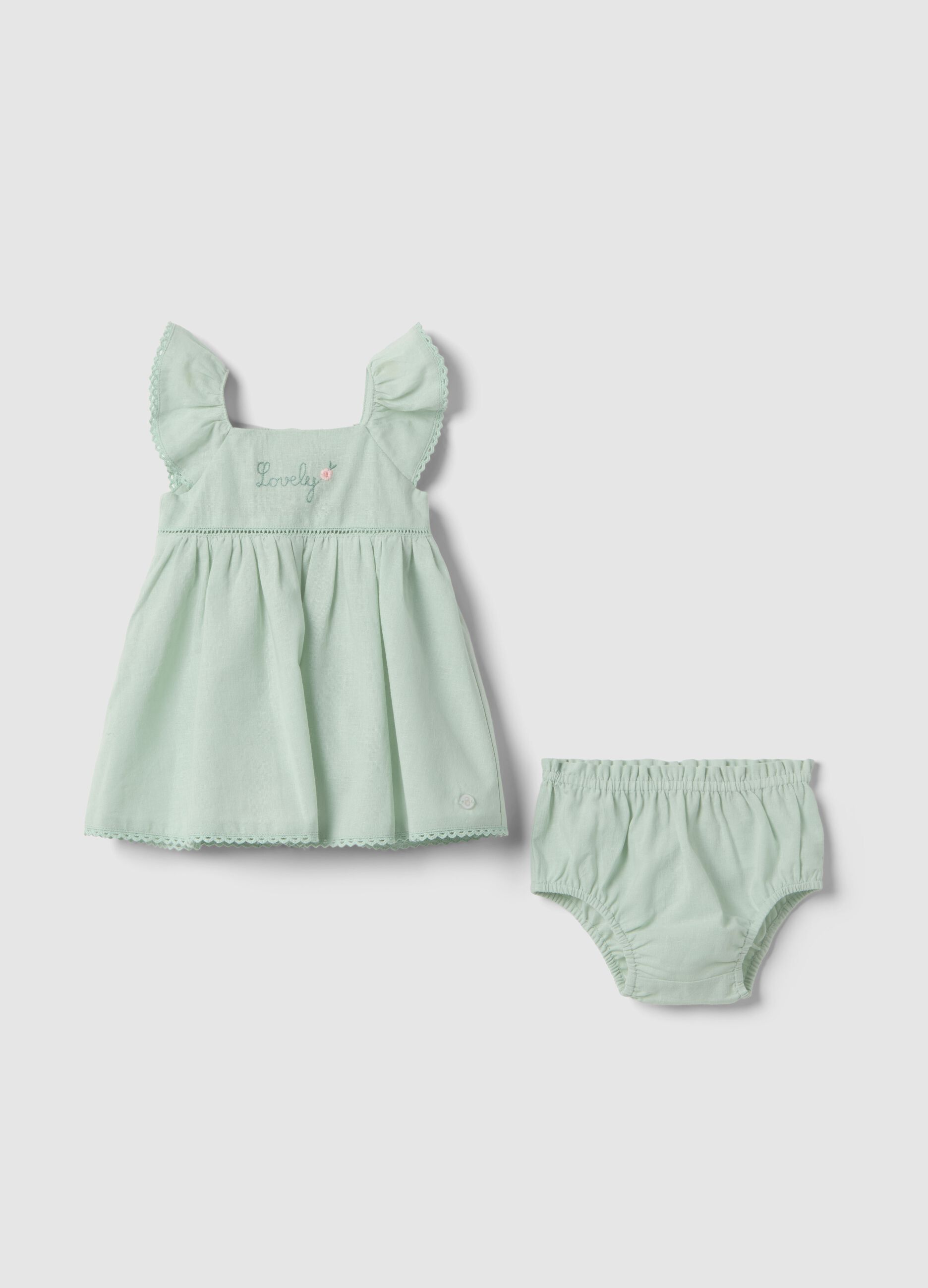 Green Cotton and Linen Blend Set for Baby Girls