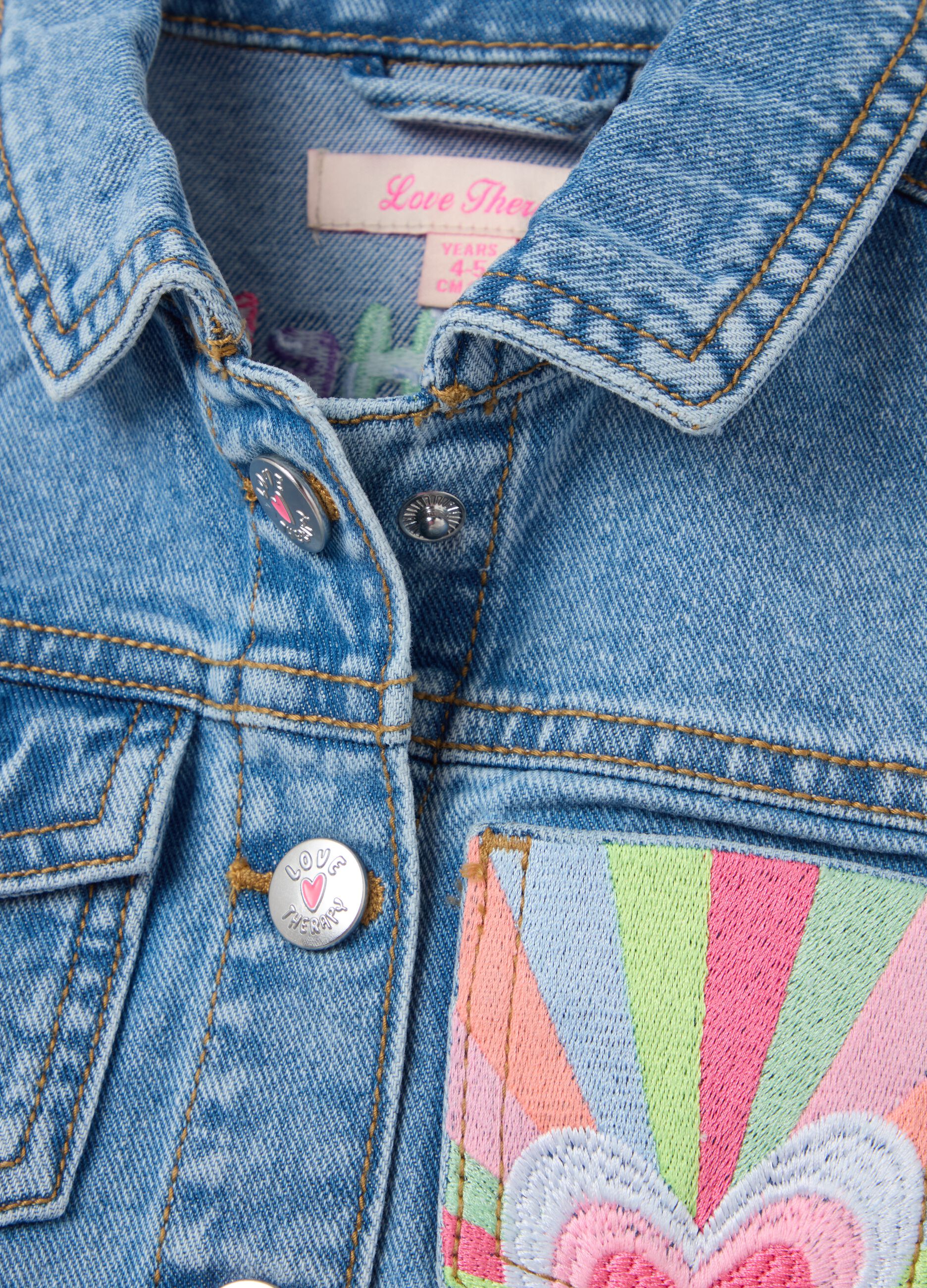 Denim jacket with heart and rainbow embroidery