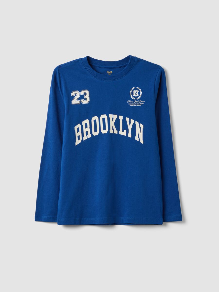 T-shirt blu in puro cotone organico con stampa frontale per ragazzo_3