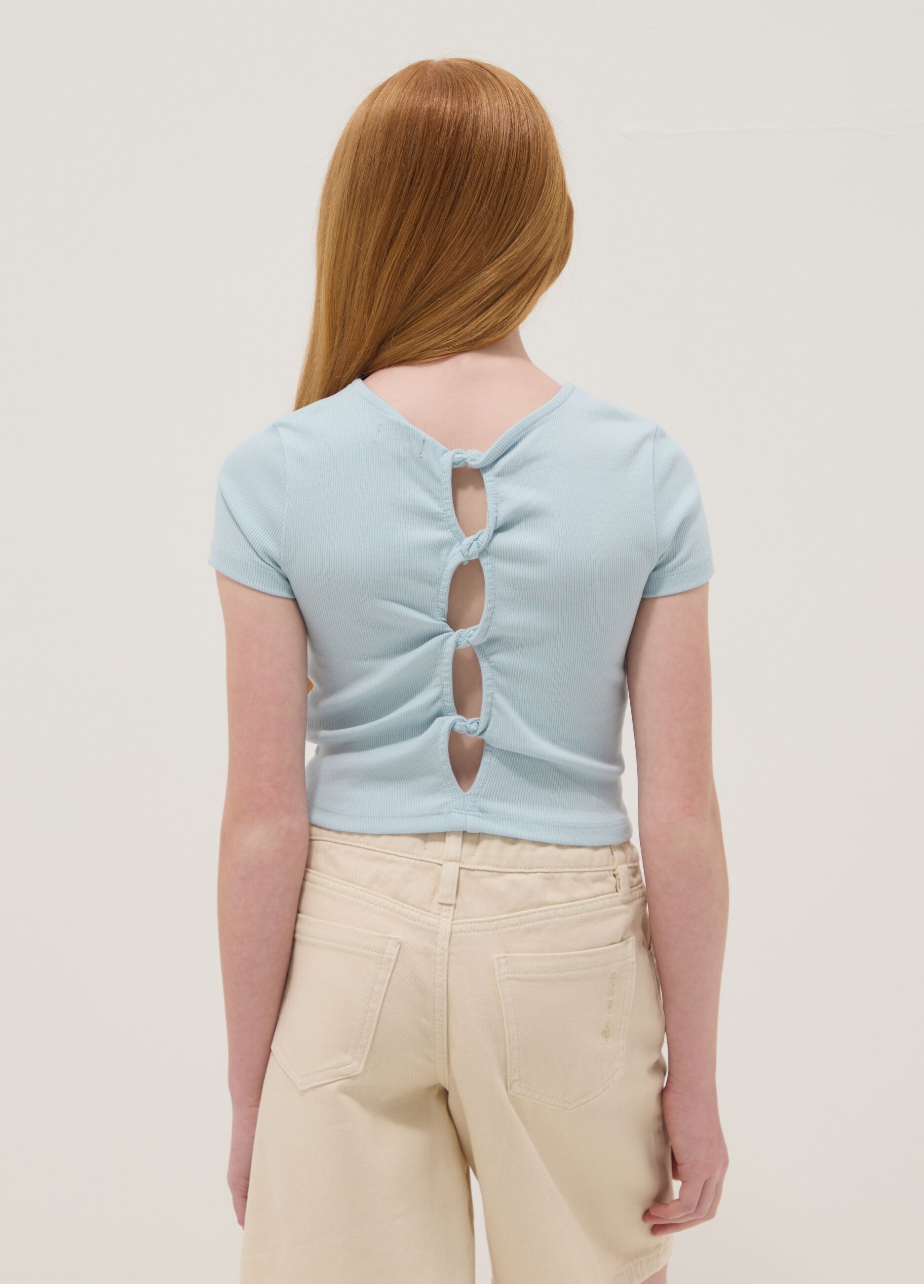 Blue stretch cotton short-sleeve T-shirt