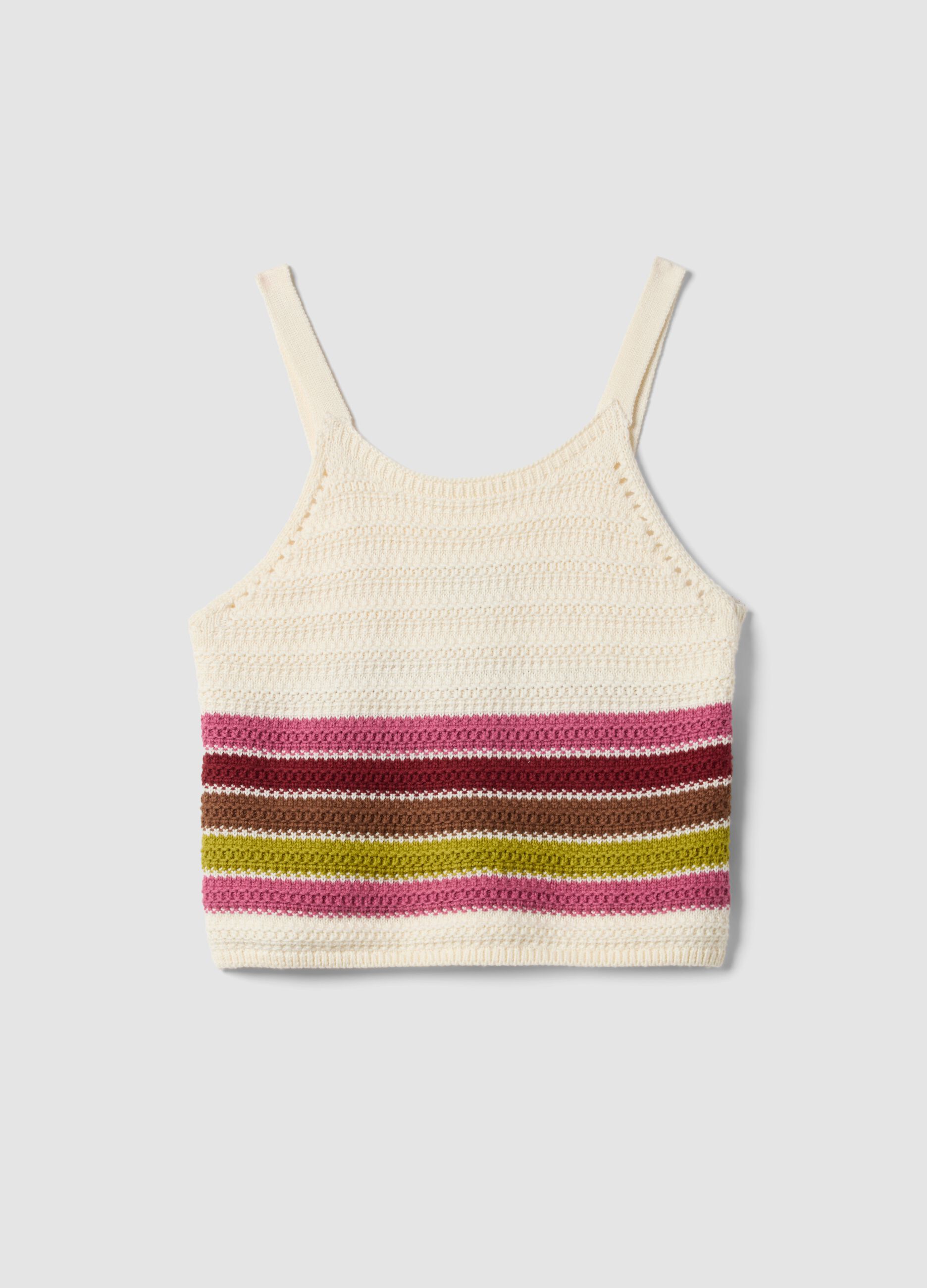 Fitted pure cotton multicolour striped knitted top
