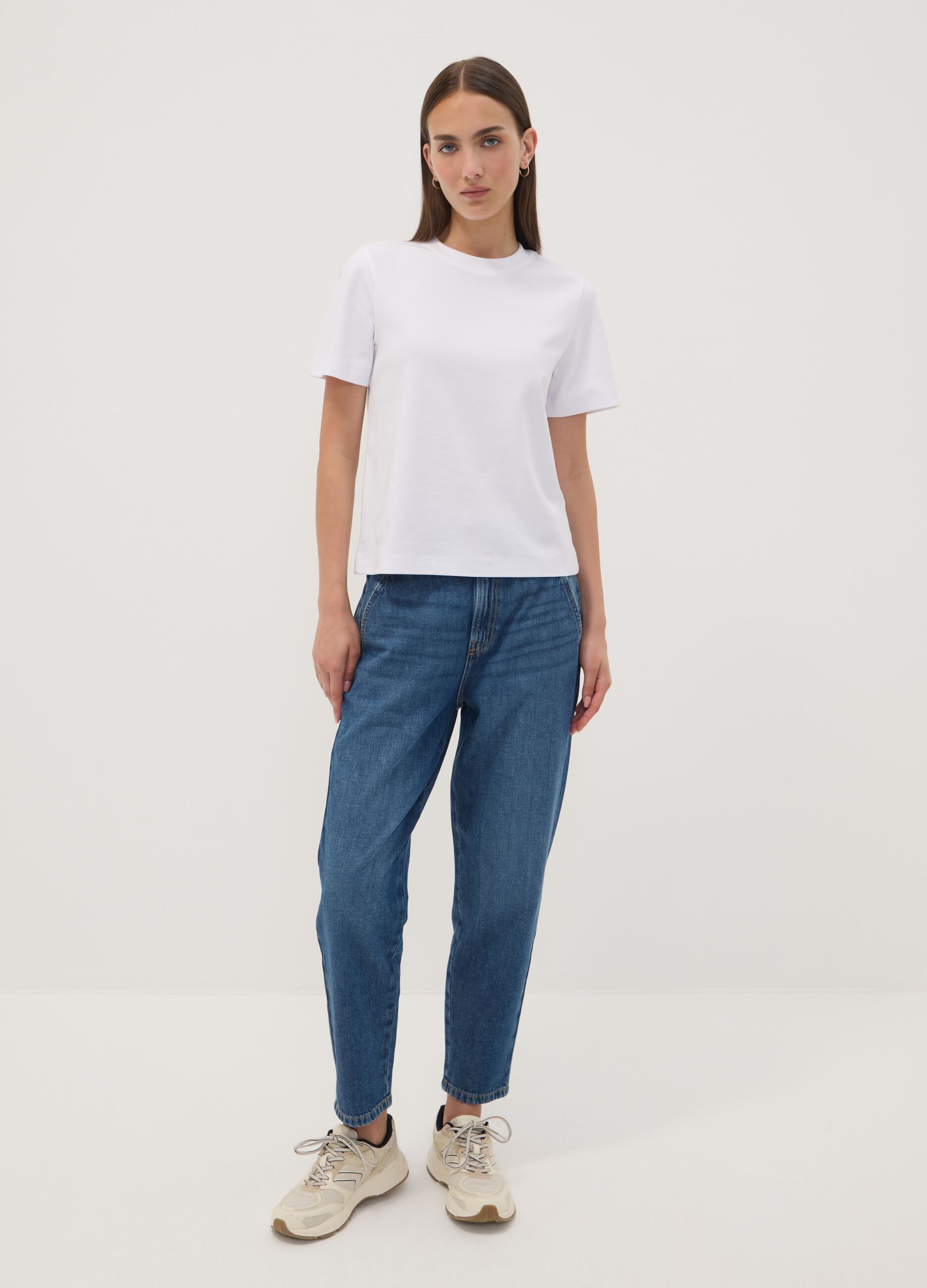 Jeans denim blu in puro cotone con vita paperbag baggy fit