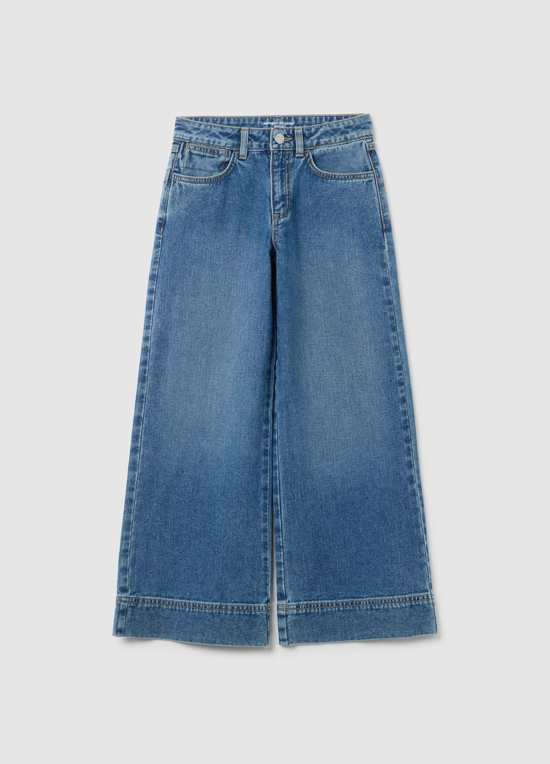 Jeans da ragazza in puro cotone blu a gamba larga